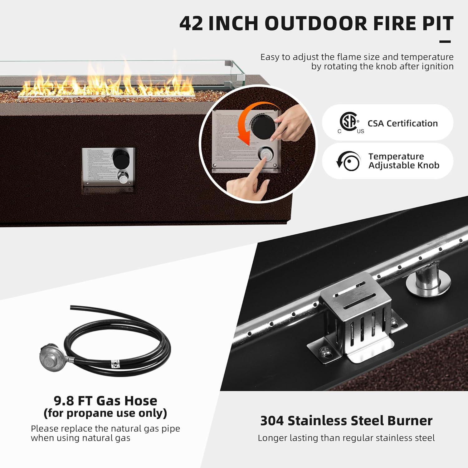 UPHA 42-inch Outdoor Propane Rectangle Fire Pit Table 50000 BTU Iron Gas FirePit for Outside Patio with Tank Cover, Removable Lid, Lava Rocks, Rain Cover, Grey