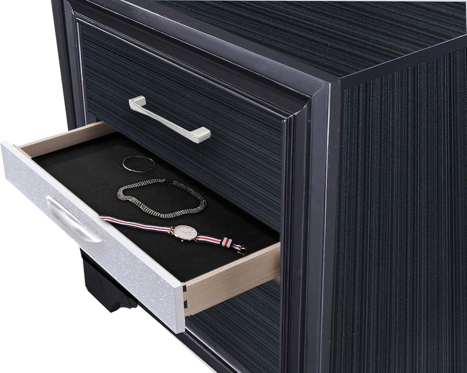 Elegant Glossy Black 3-Drawer Nightstand with Crystal Inserts