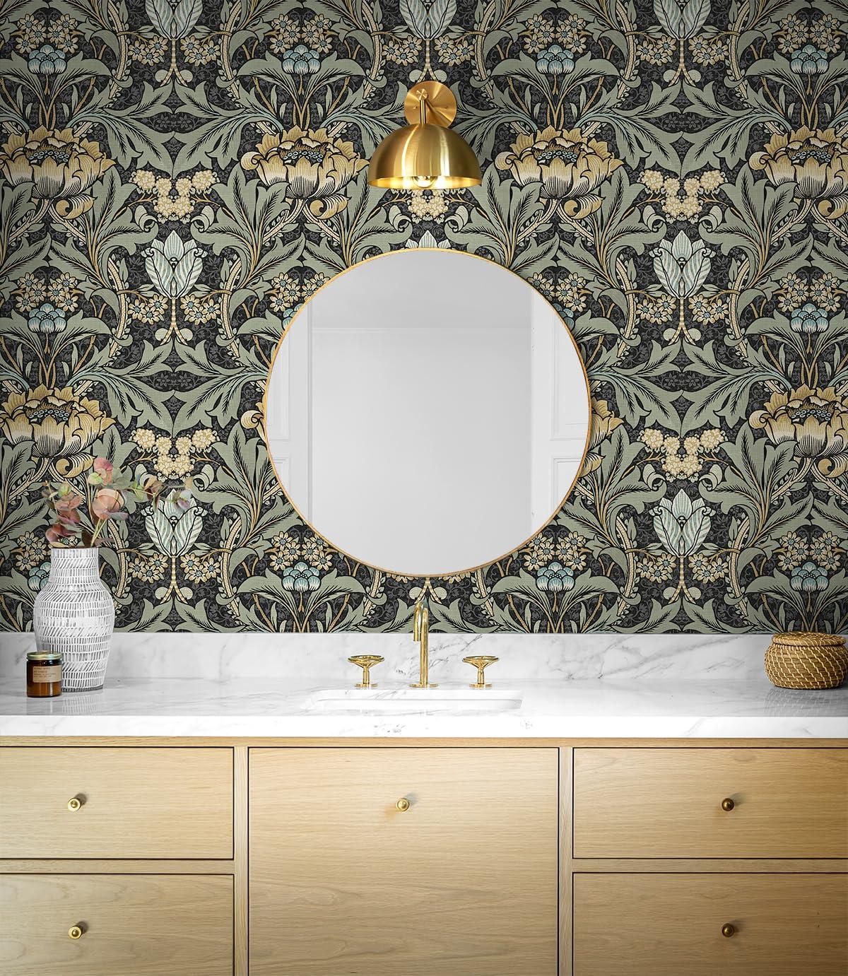 Seabrook Designs  Acanthus Floral Prepasted Wallpaper 20.5 in. W x 33 ft. L - Charcoal & Goldenrod