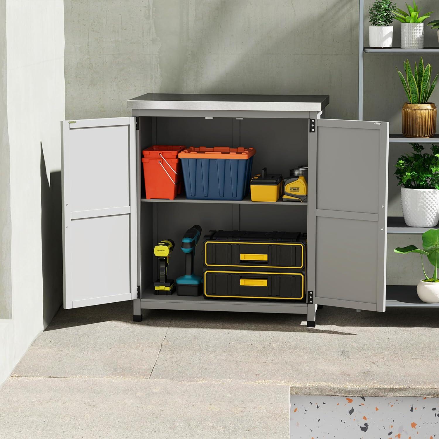 Outsunny Wooden Storage Cabinet, Outdoor Prep Station with Metal Tabletop and Shelf, Patio Storage Cabinet with Double Doors, Gray