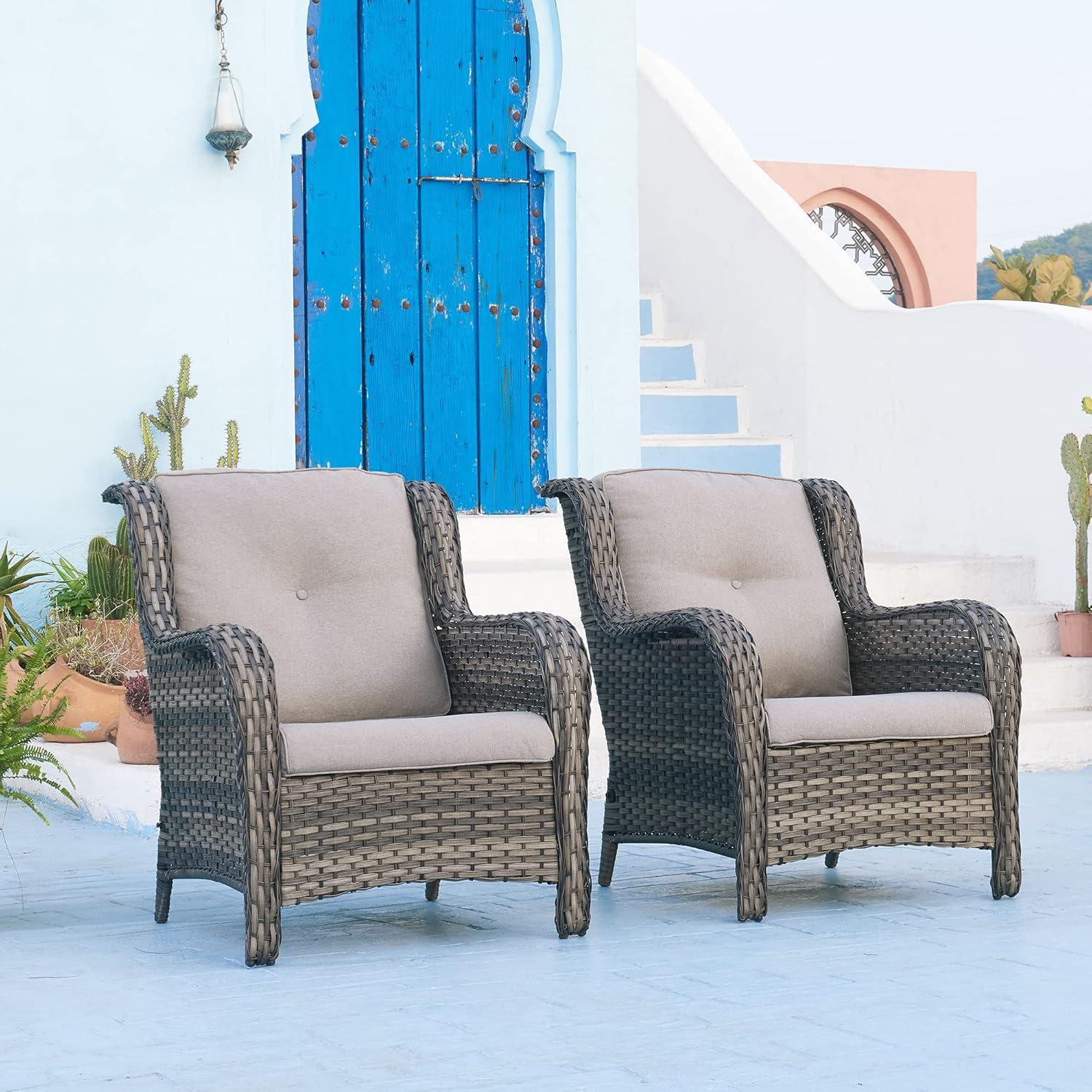 Gray Wicker Patio Chairs with Cushions, Set of 2