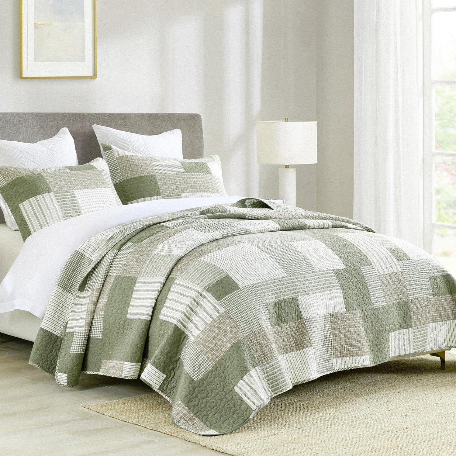 Y-PLWOMEN 100% Cotton Quilt King Size - Plaid Quilt Farmhouse Lightweight Quilted Bedspread, King Comforter Set, Soft Bed Spread for King Bed with Pillow Shams