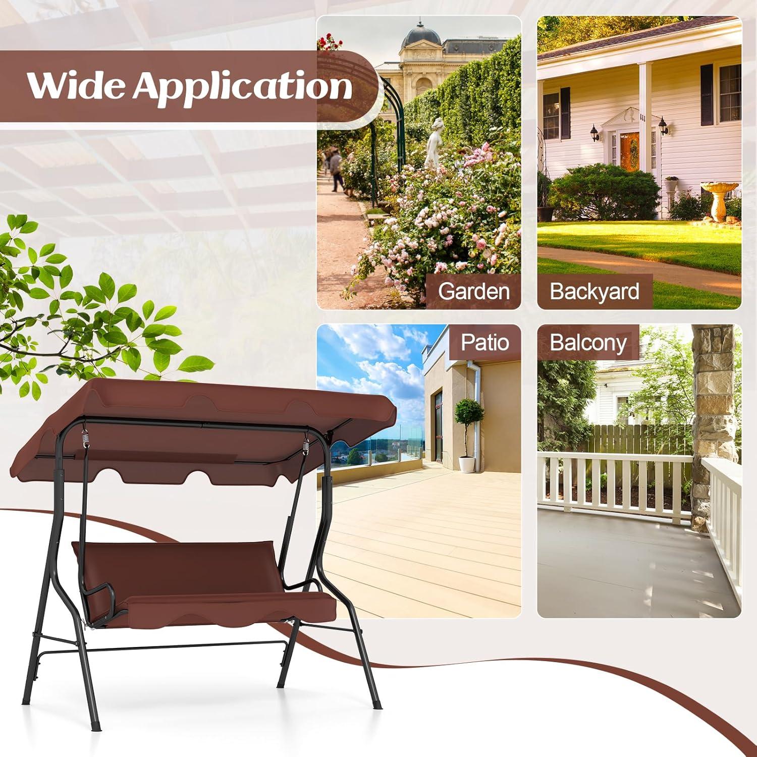 Tangkula 3 Person Porch Swing, Patio Swing with Removable Cushion & Powder-Coated Steel Frame, Outdoor Swing with Canopy for Porch, Backyard, Garden, Balcony (Coffee)