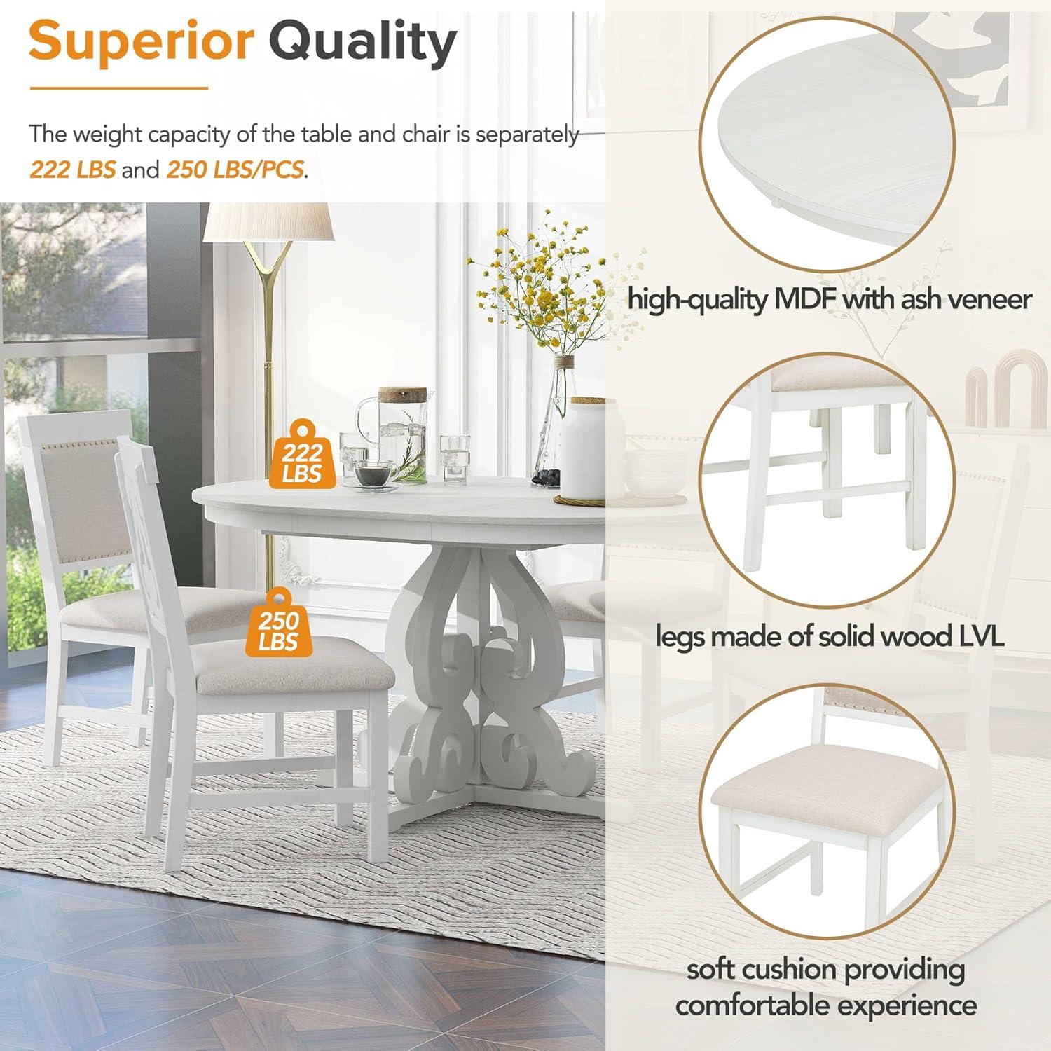 5 Piece Dining Table Set, Retro Functional Dining Set with 1 Extendable Table with a 16-inch Leaf and 4 Upholstered Chairs for Dining Room and Kitchen (Antique White)