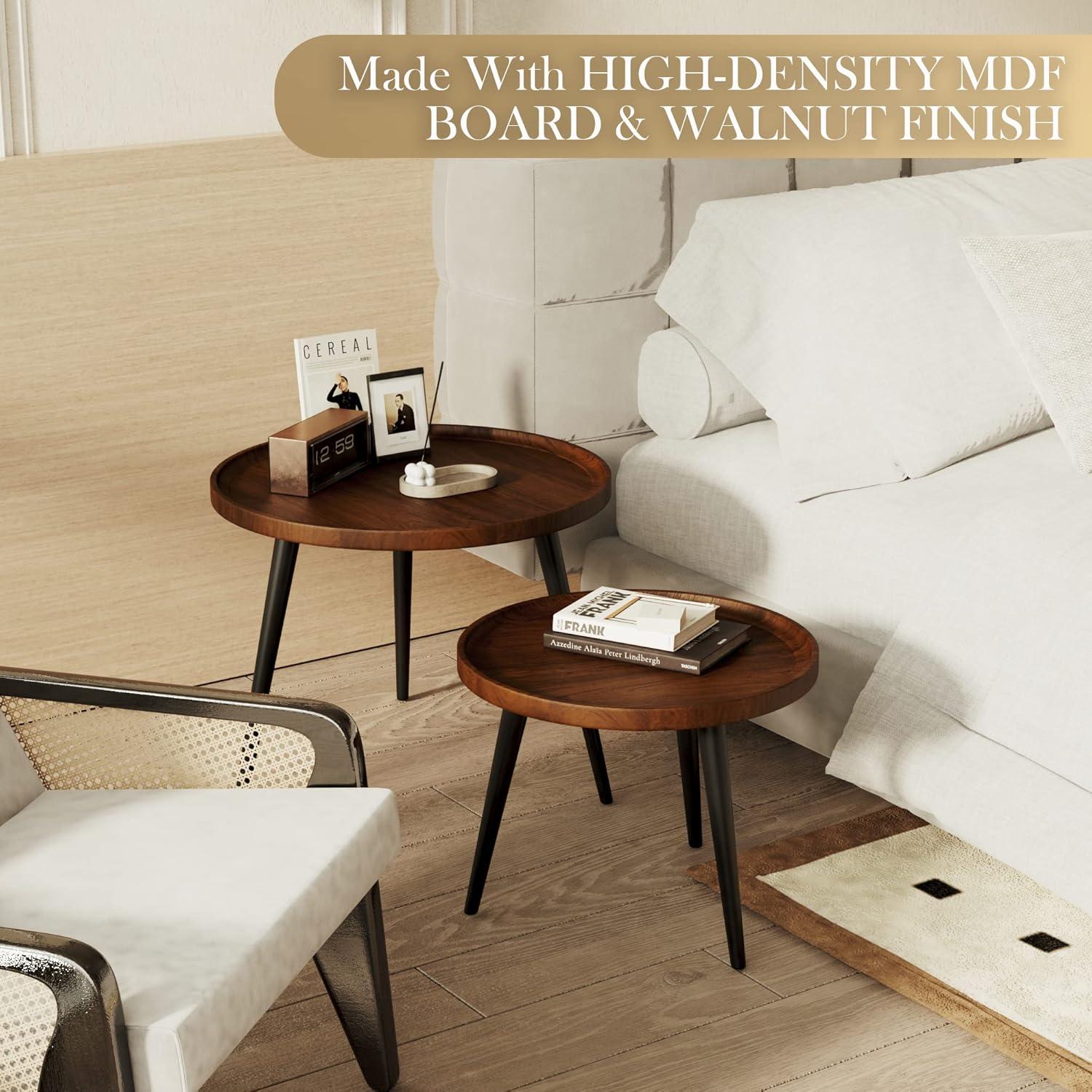 2-Piece Modern Round Coffee Table Set for Living Room,Easy Assembly Nesting Coffee Tables,Walnut Color Circle End Side Tables for Bedroom Office Balcony Yard