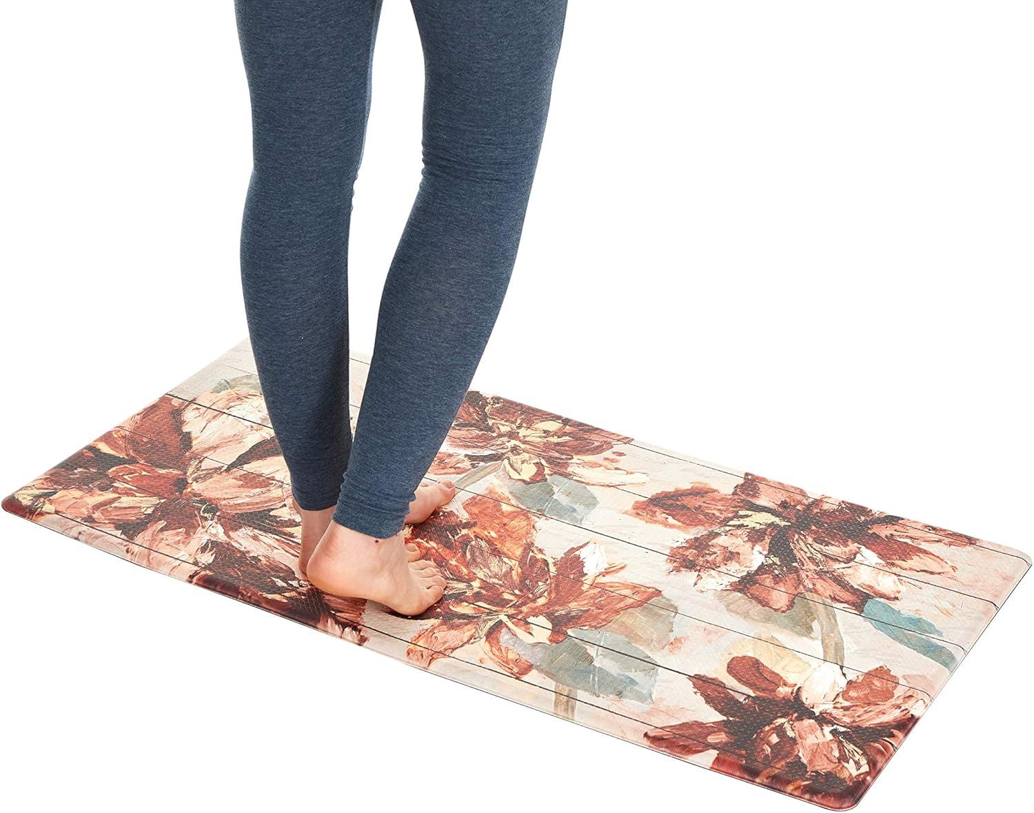 Floral Anti-Fatigue Kitchen Mat in Brown and Beige Polyurethane