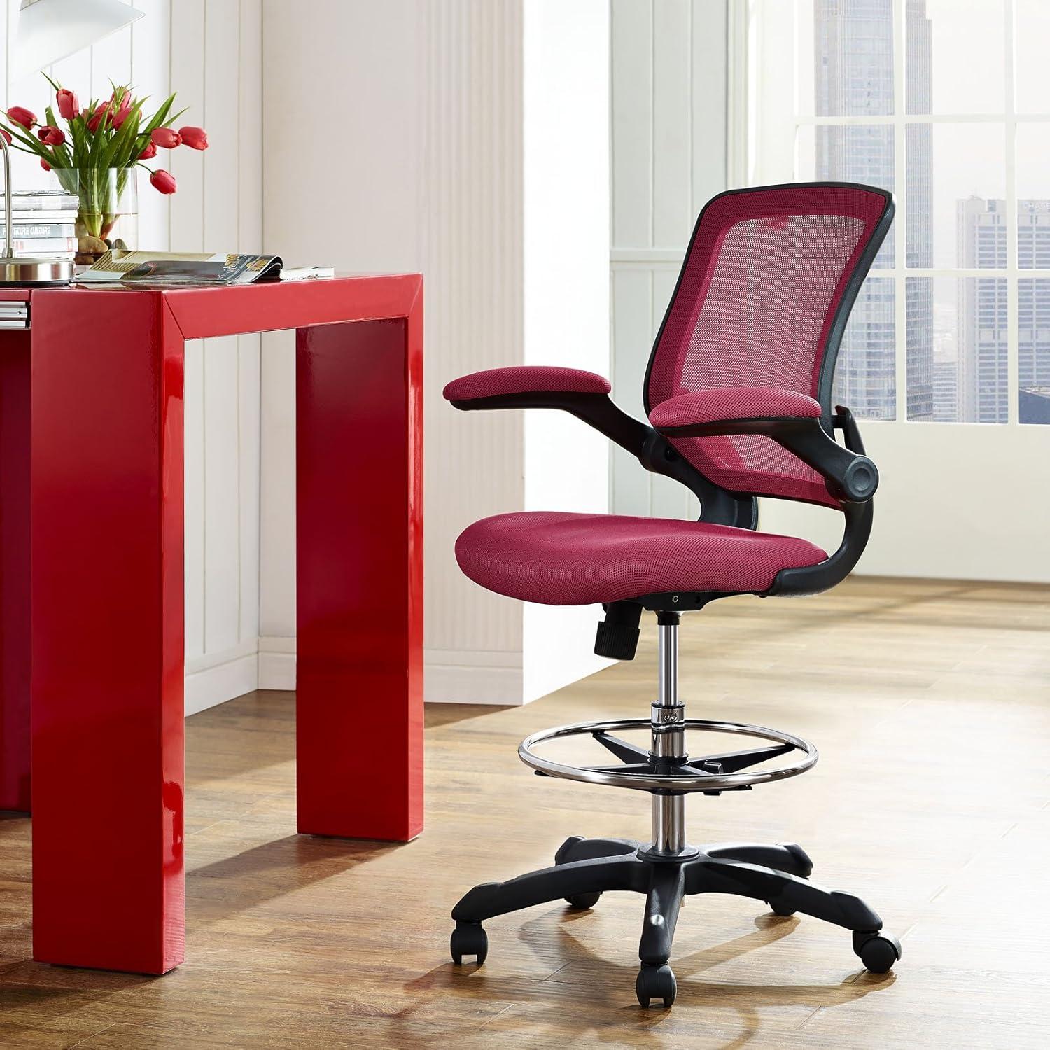 Red Adjustable Mesh Drafting Chair with Swivel Arms