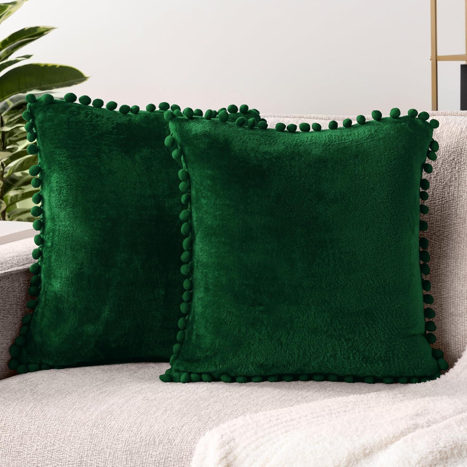 Emerald Green Velvet Pom Pom Euro Pillow Covers Set