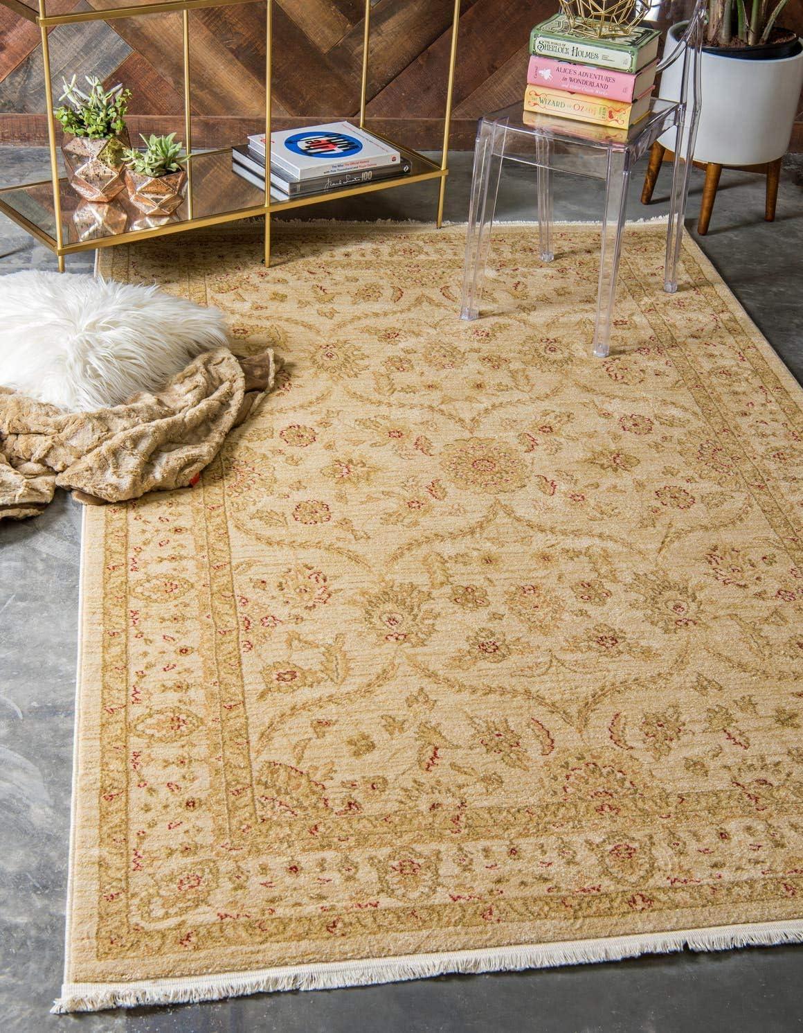 Cream and Beige 9' x 12' Synthetic Traditional Area Rug