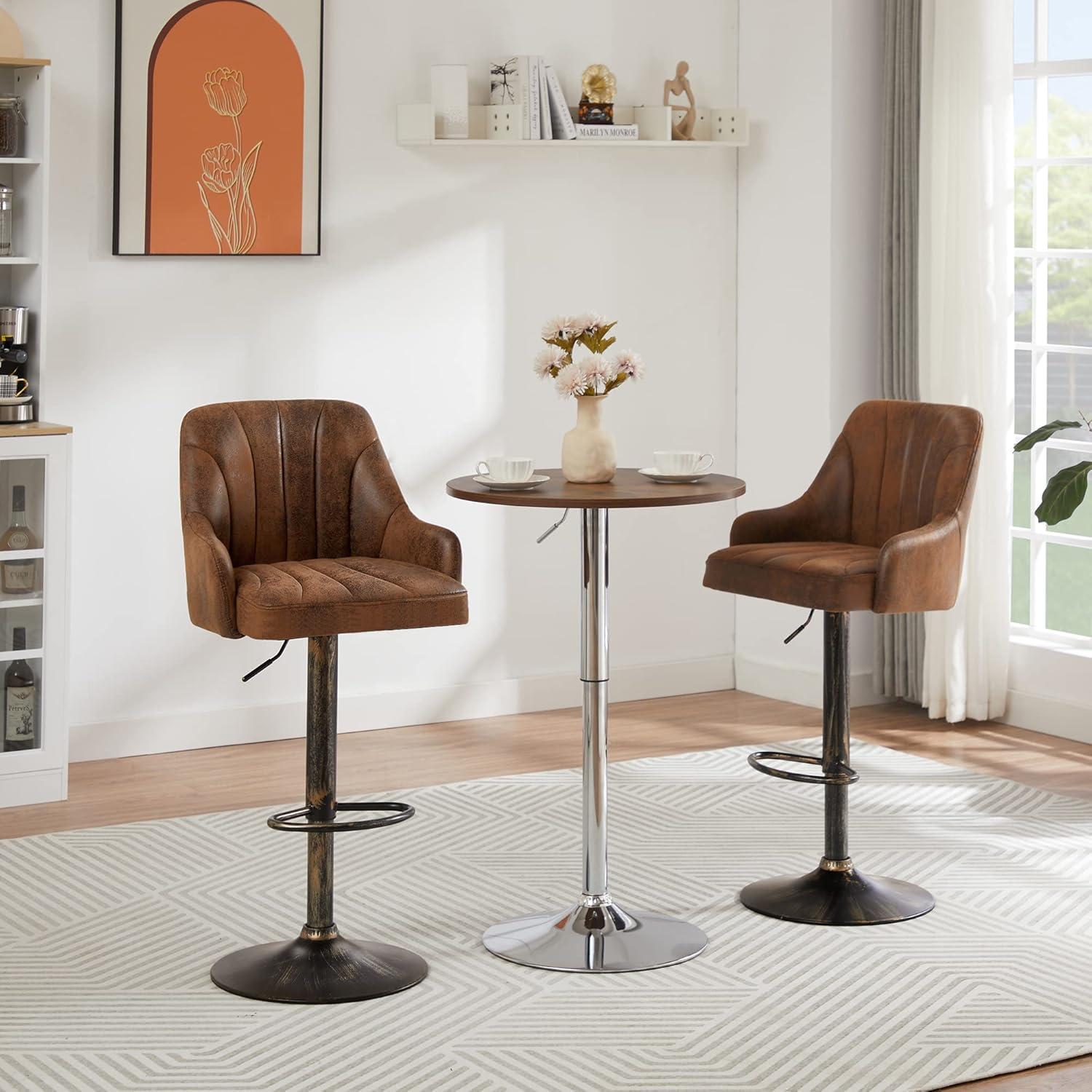 VECELO Set of 2 Swivel Bar Stools, Adjustable Counter Height Barstools Faux Leather Chair with Backrest and Armrest, Dark Brown