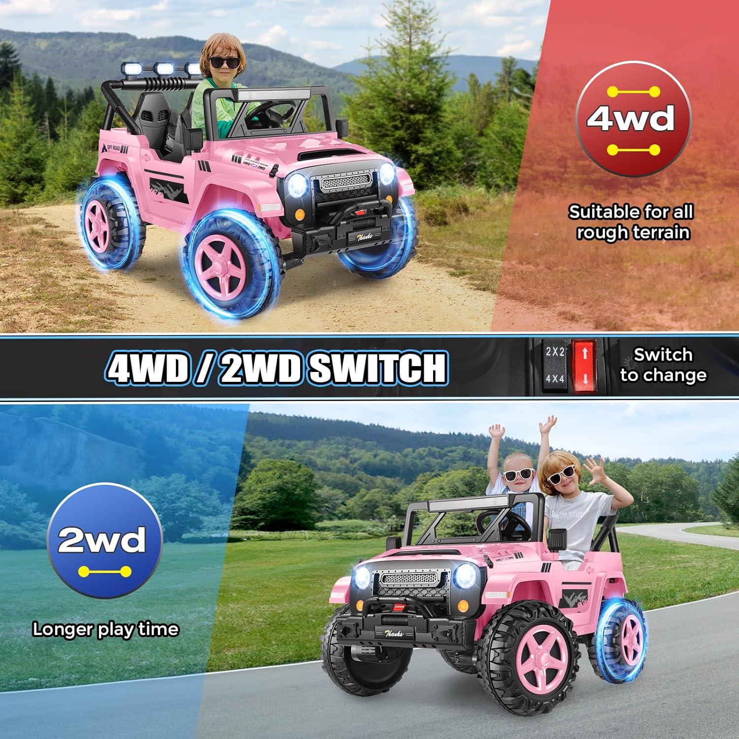 Ancheer 24V 4WD//2WD Ride On Jeep Truck,2 Seater Kids UTV With 4X200w Powerful Engine,Remote Control,Bluetooth,20 Wide Seat,Vehicles for Kids Toddlers
