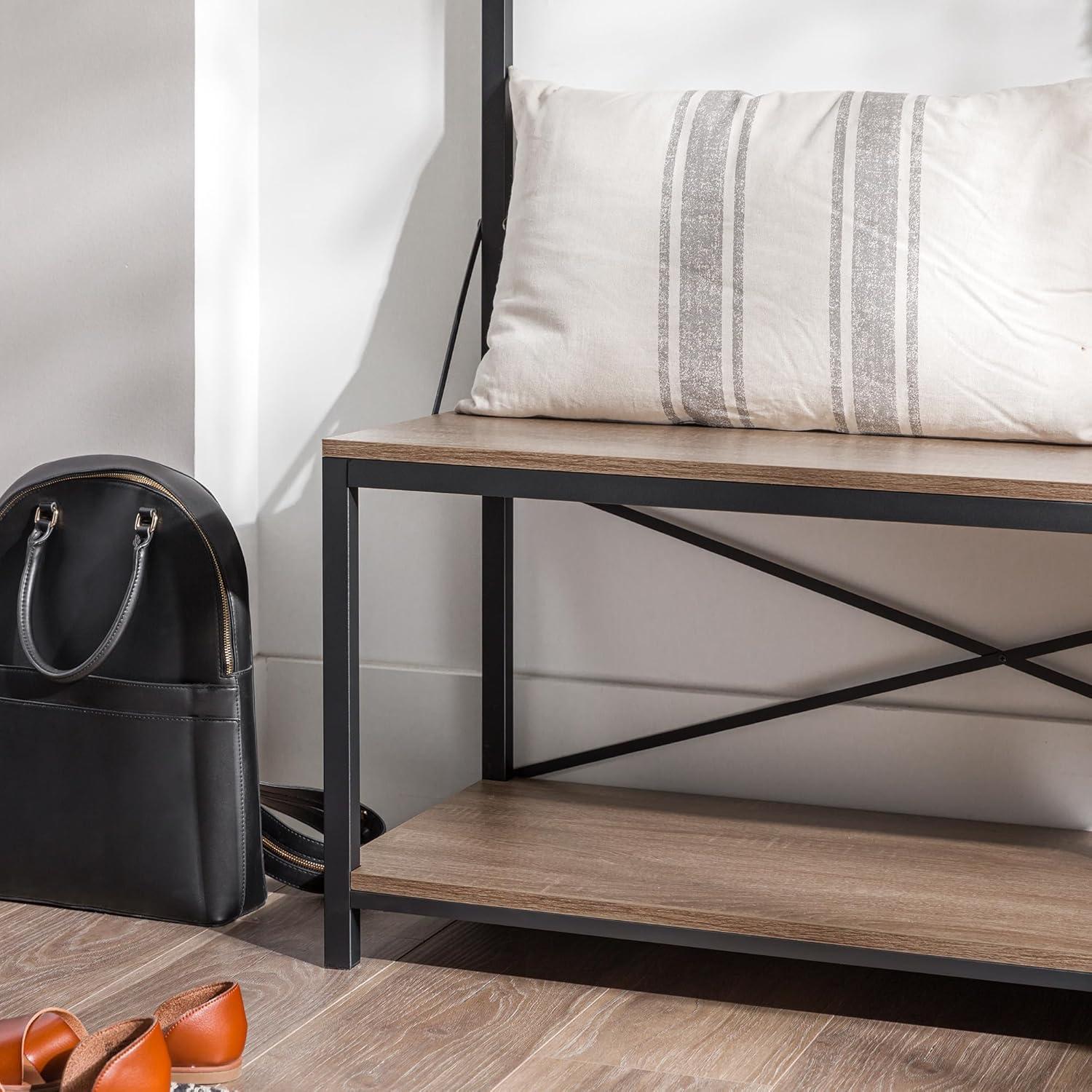 Driftwood and Black Industrial Hall Tree with Bench and Storage