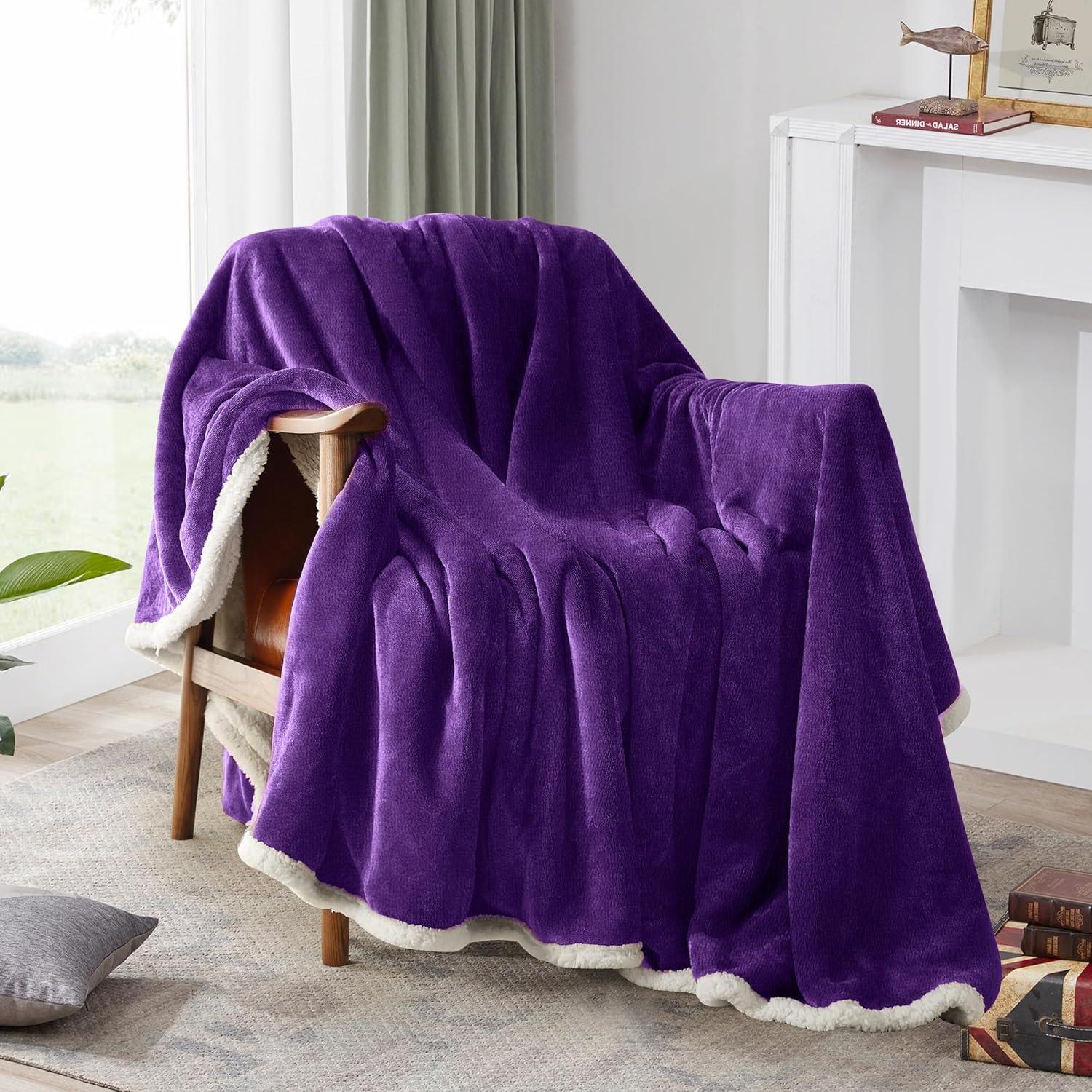 Purple Reversible Sherpa Fleece Throw Blanket 50" x 60"