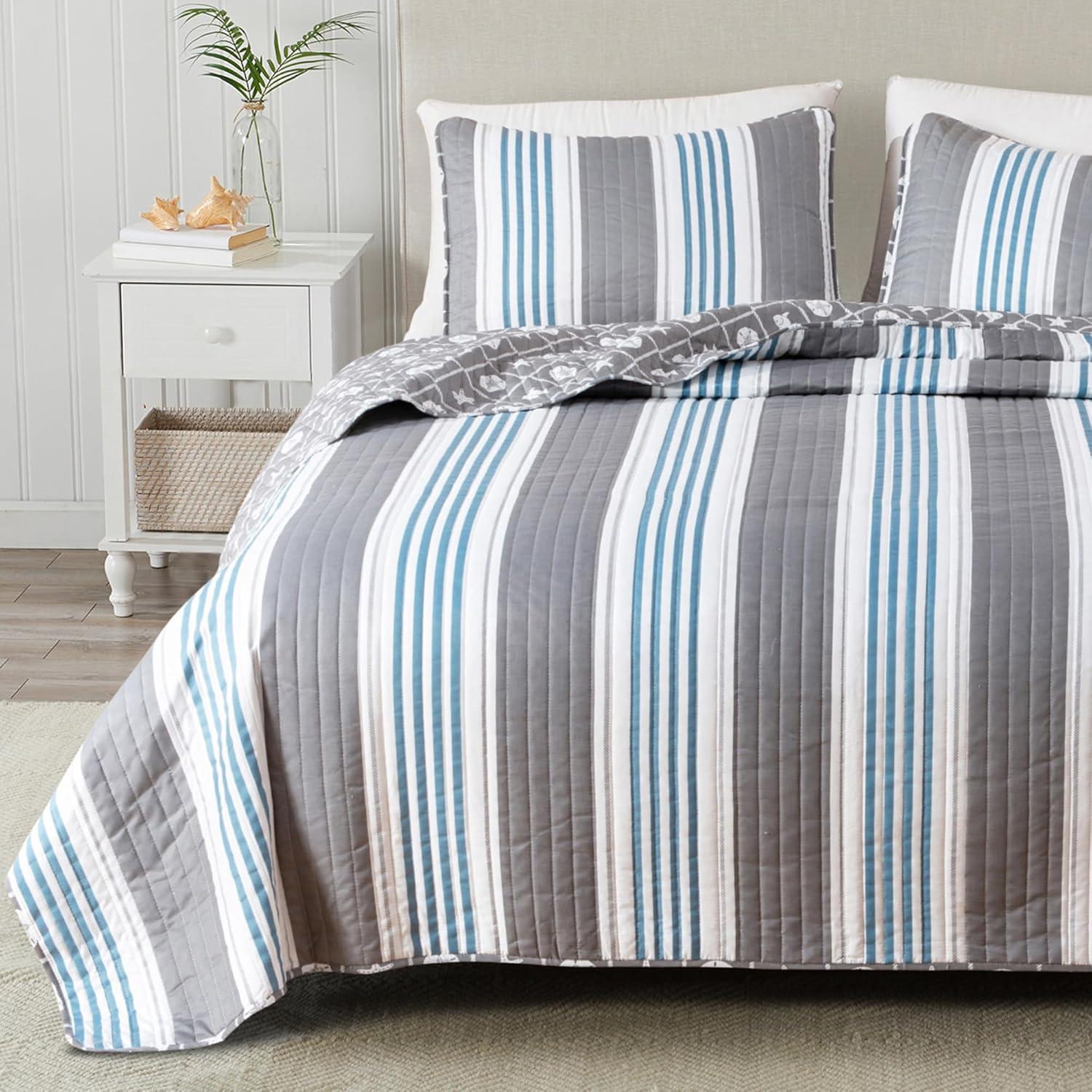 Twin Blue and Gray Reversible Microfiber Quilt Set