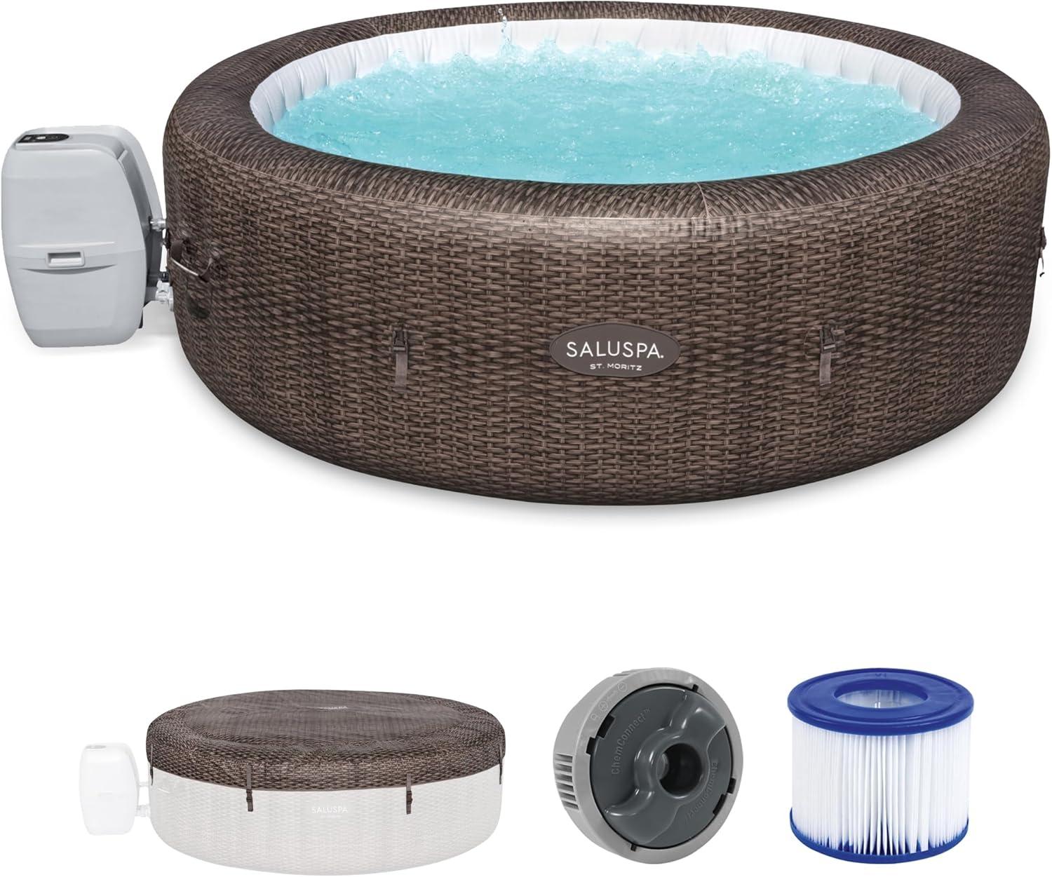 Bestway SaluSpa St. Moritz AirJet 2 to 7 Person Inflatable Hot Tub Round Portable Outdoor Spa with 180 Soothing AirJets and Cover, Brown