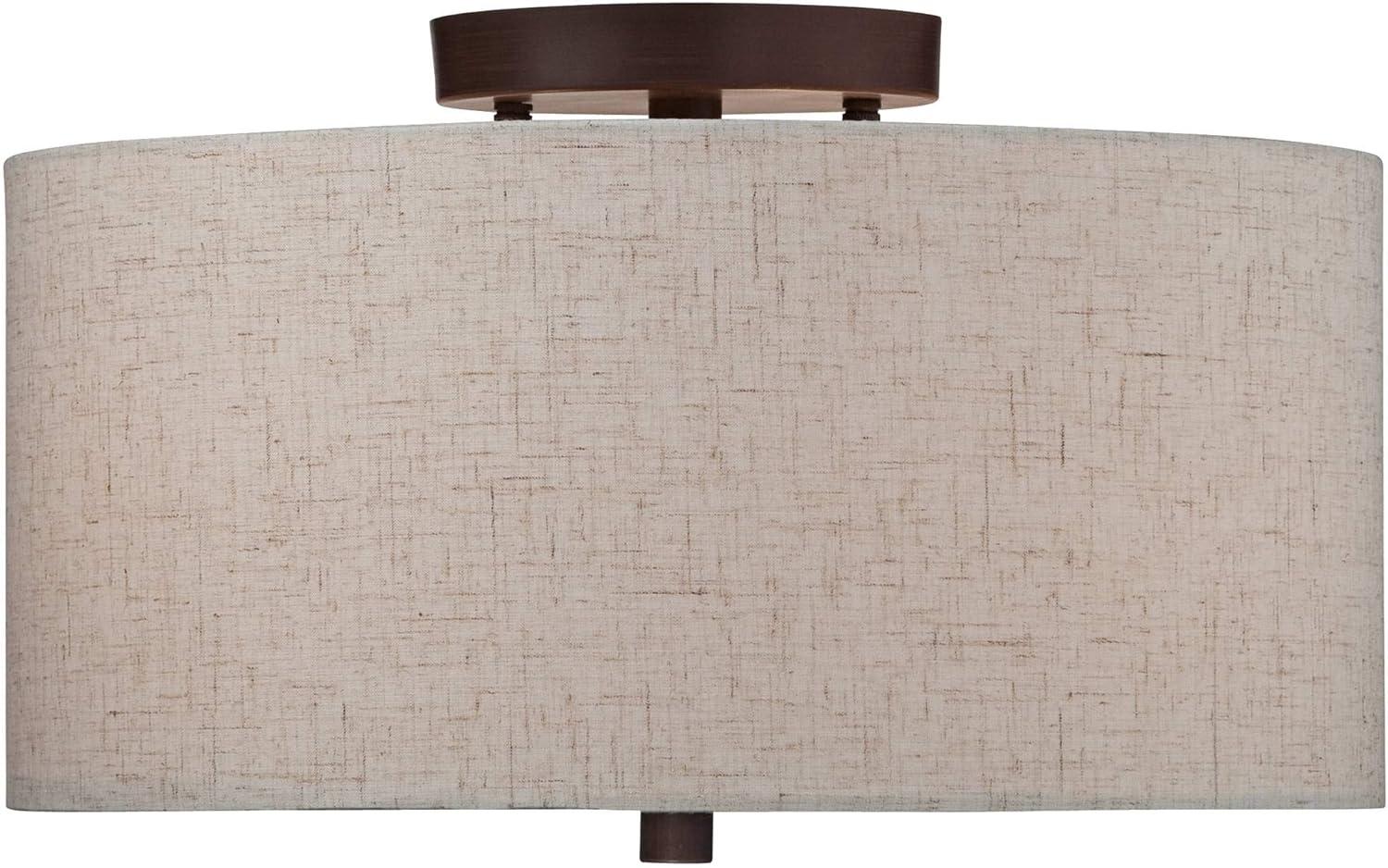 Regency Hill Sylvan Modern Ceiling Light Semi Flush Mount Fixture 14" Wide Bronze 3-Light Oatmeal Fabric Drum Shade for Bedroom Kitchen Living Room