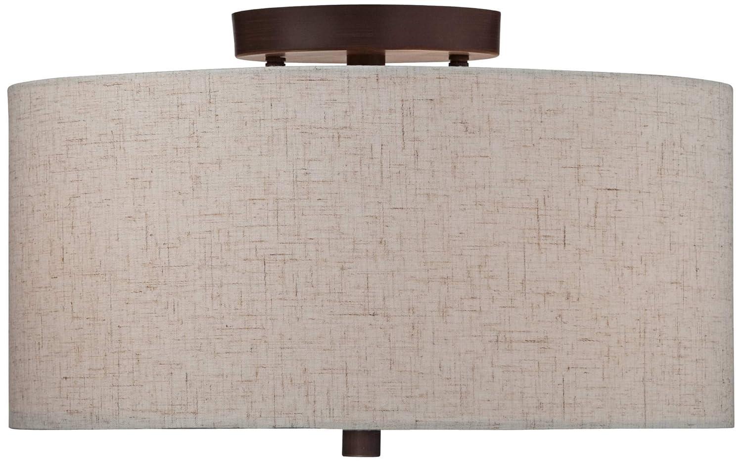 Regency Hill Sylvan Modern Ceiling Light Semi Flush Mount Fixture 14" Wide Bronze 3-Light Oatmeal Fabric Drum Shade for Bedroom Kitchen Living Room