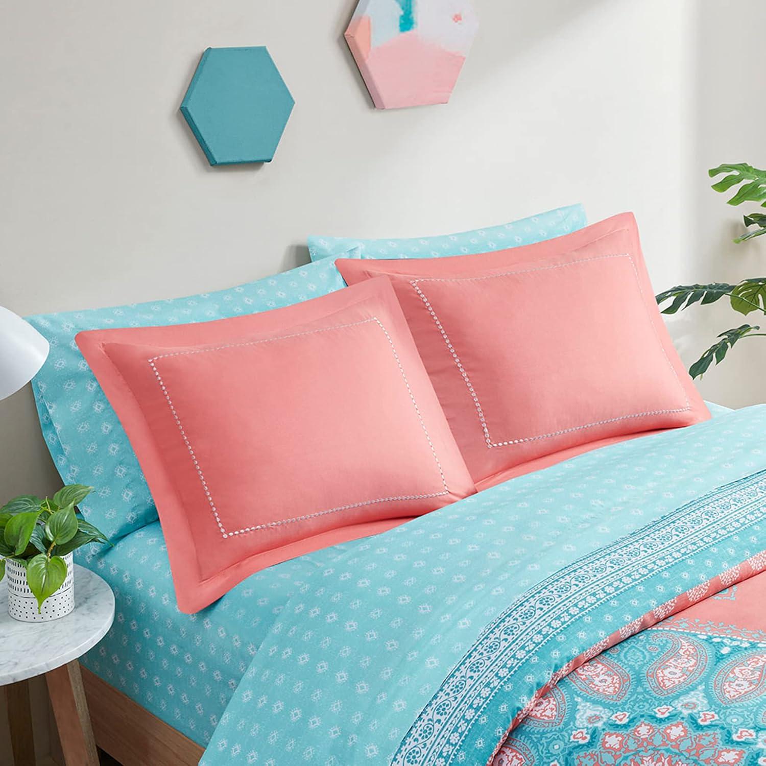 Boho Coral and Aqua Microfiber Queen Bed-in-a-Bag Set