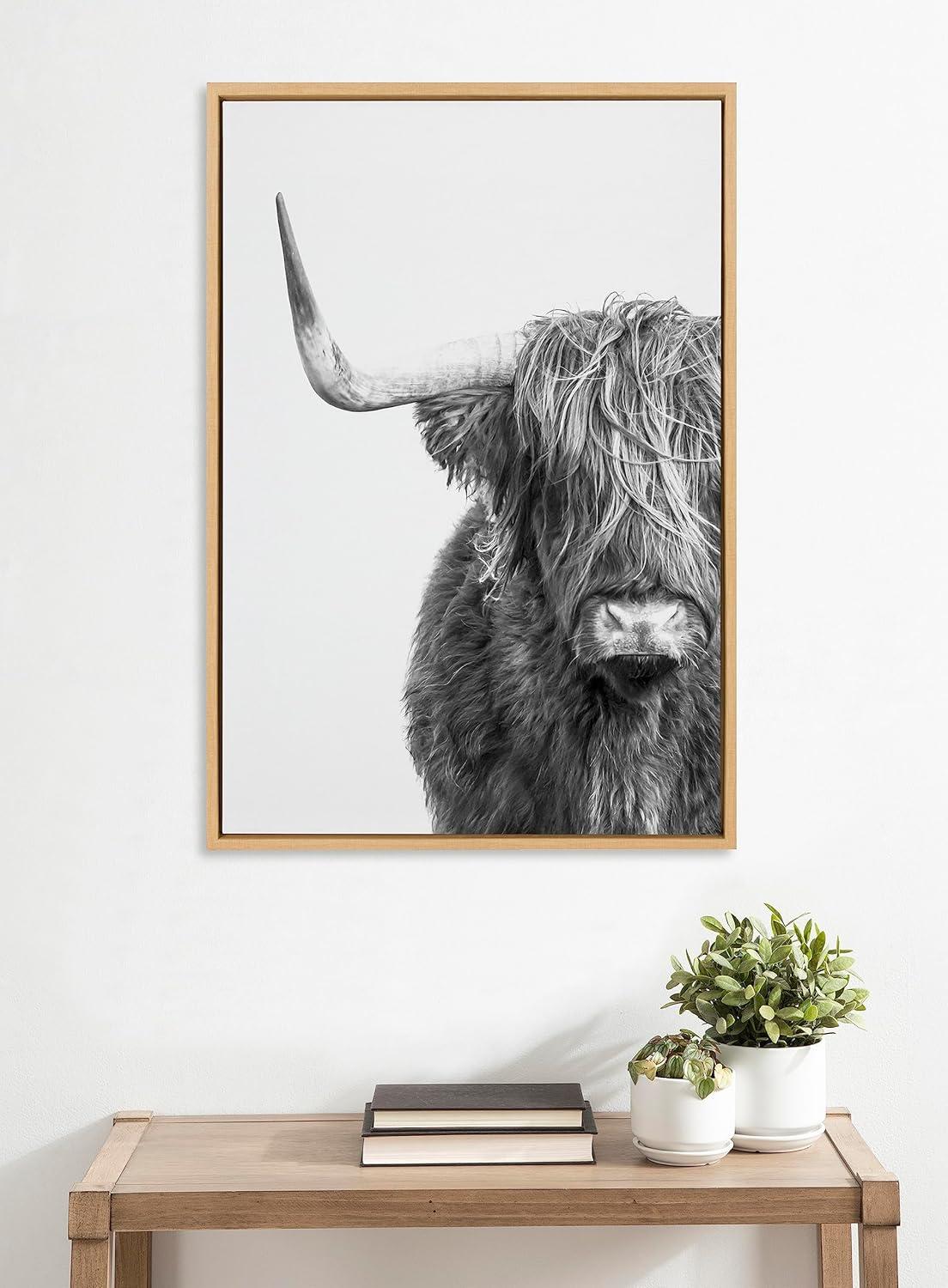 Kate and Laurel Sylvie B&W Highland Cow No. 1 Framed Canvas Wall Art by Amy Peterson Art Studio, 23x33 Natural, Black and White Animal Portrait Art