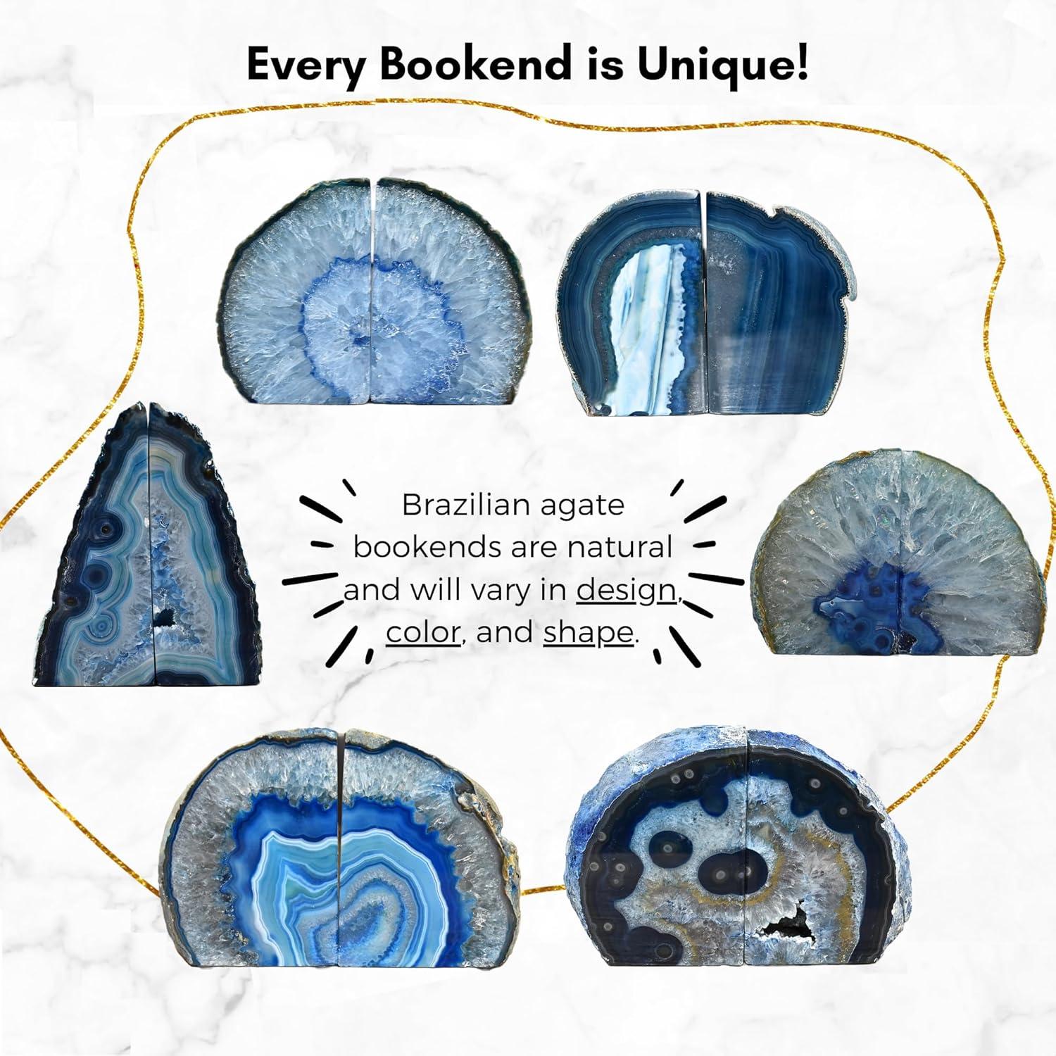 Nature's Decorations Agate Bookends - A Quality Blue Geode with Non-Skid Rubber Bumpers for Shelves, Office, Home Decor - Heavy Duty Cool Crystal Stone Book End Pair for Decoration (3-4 LB)
