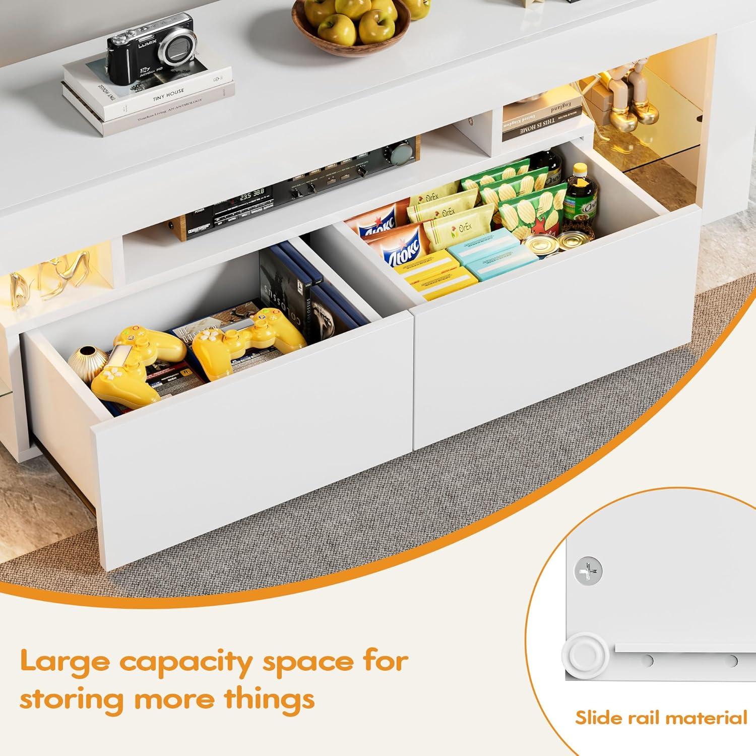 YESHOMY Modern LED TV Stand for Televisions up to 70 Inch with Glass Shelves and Drawer, Gaming Entertainment Center with Multiple Dynamic RGB Modes, for Livingroom, Bedroom, 60 Inch, White