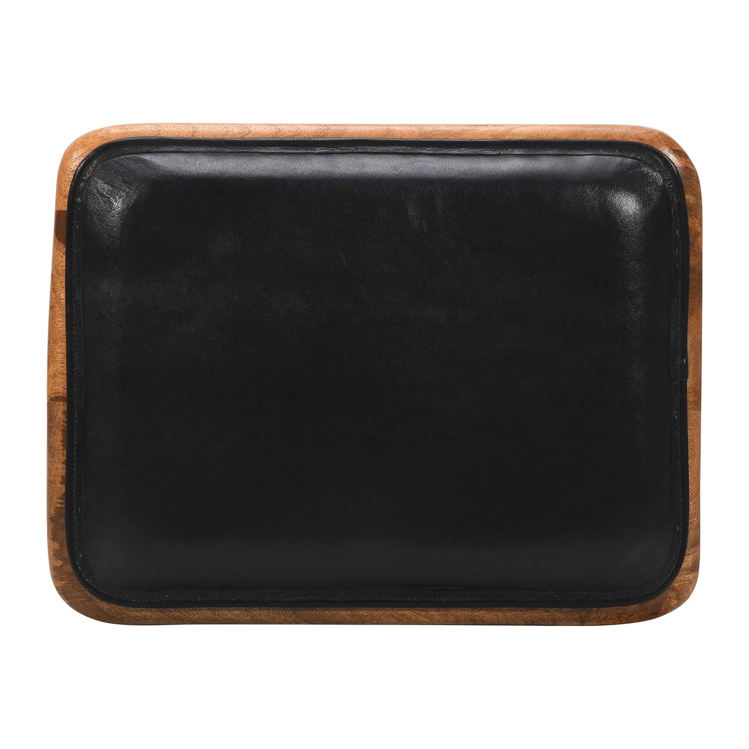 25 Inch Counter Height Bar Stool, Genuine Leather Seat, Mango Wood Frame, Black, Brown- Saltoro Sherpi