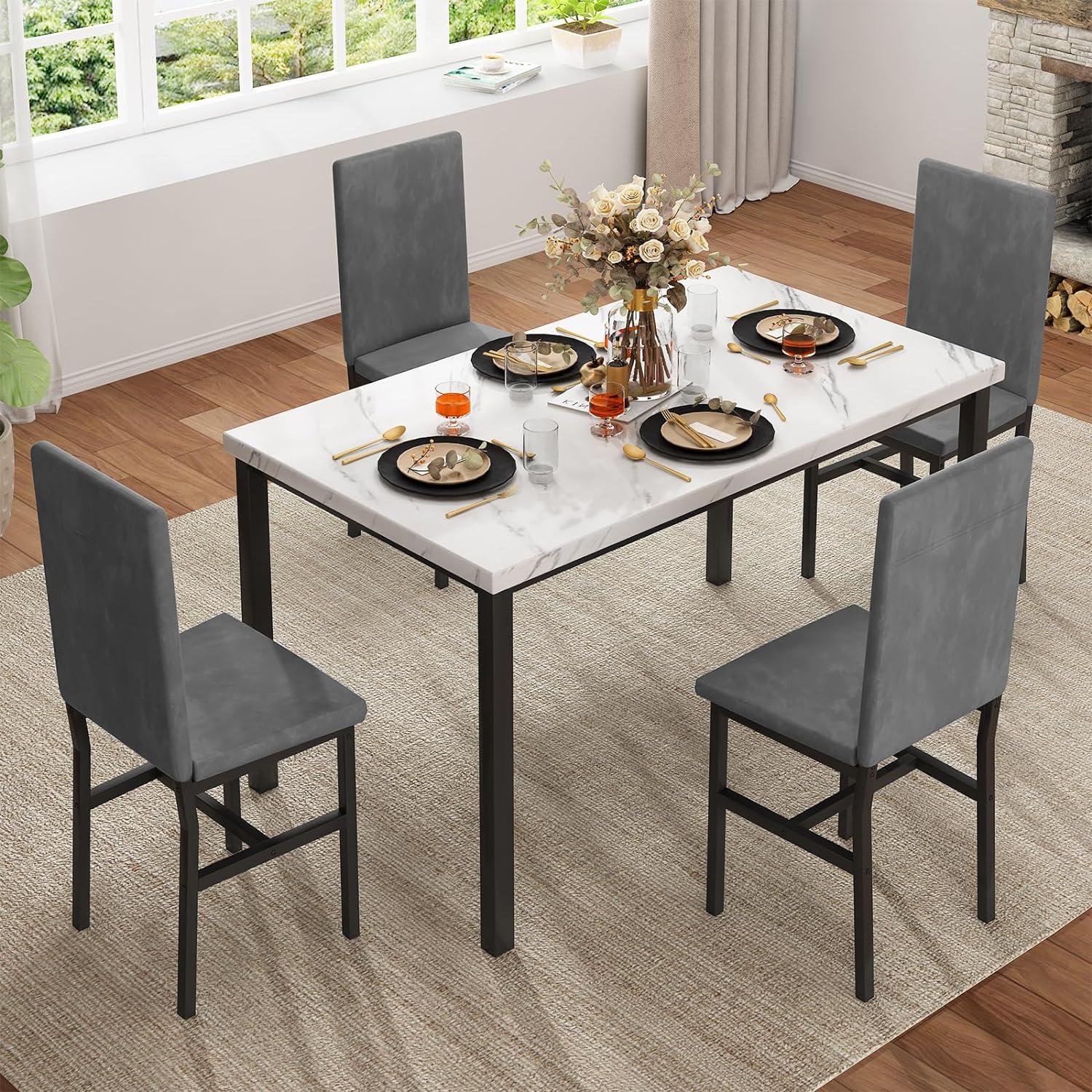 Recaceik 5-Piece Marble Dining Table Set with 4 Velvet Metal Frame Chairs for 4, 31.2"H Table