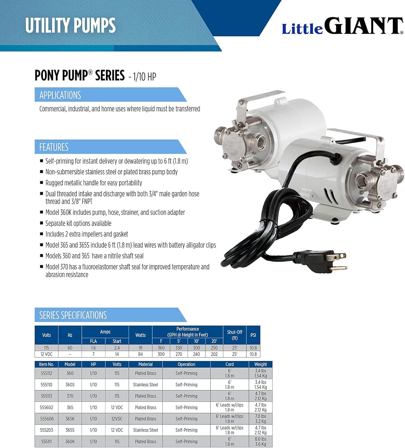 Little Giant 555113, Model 370, Series Pony Pump, Non-Submersible Utility/Transfer Pump, 1/10 HP, 115 Volts, 360 GPH at 1 ft, 6 ft Cord