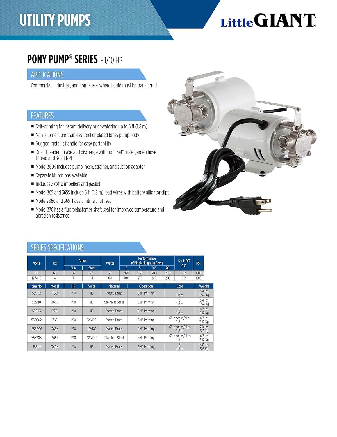 Little Giant 555113, Model 370, Series Pony Pump, Non-Submersible Utility/Transfer Pump, 1/10 HP, 115 Volts, 360 GPH at 1 ft, 6 ft Cord
