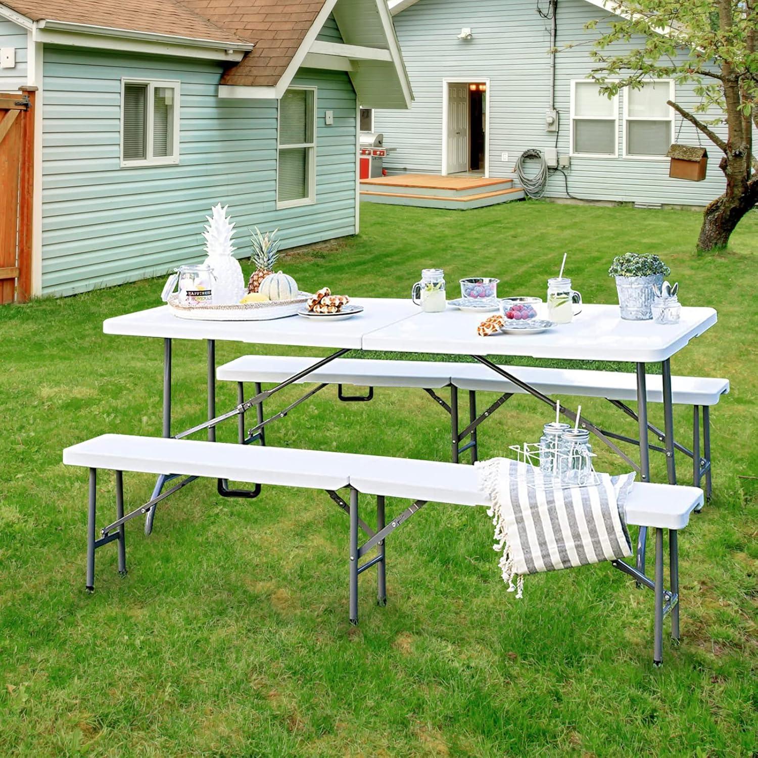 Folding Table 6ft Portable Heavy Duty Plastic Fold-in-Half Utility Foldable Table Plastic Dining Table Indoor Outdoor for Camping, Picnic and Party, White