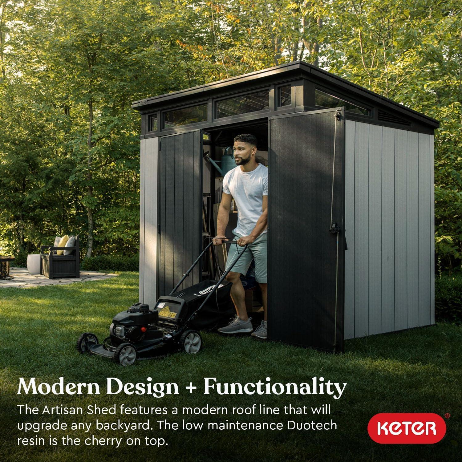 Keter Keter Artisan 7x7 ft. Modern Durable Resin Outdoor Storage Shed With Floor and Double Doors for Garden Patio Furniture and Tools, Grey