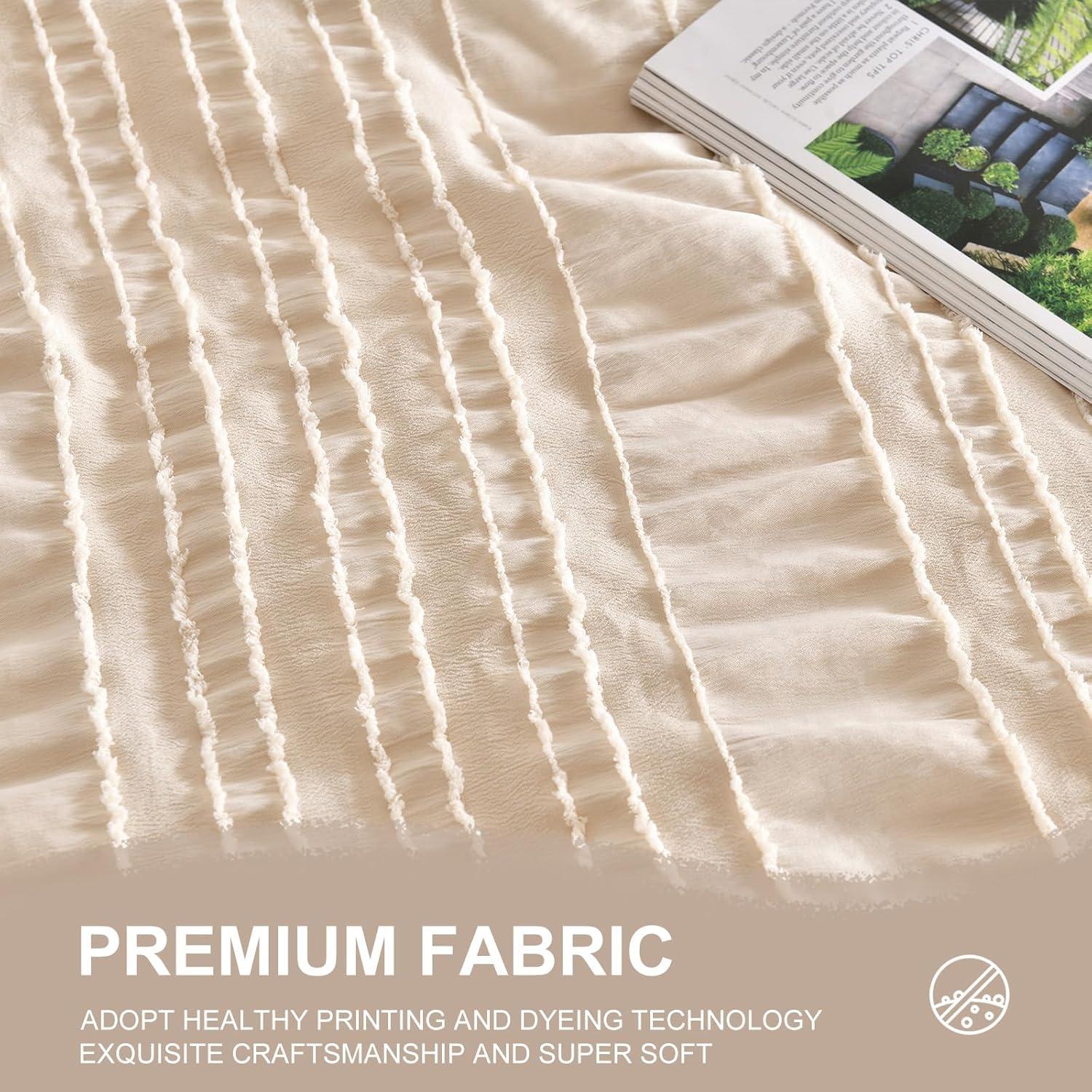 Beige Tufted Comforter Set Queen Size 7 Piece Bed in a Bag，Shabby Chic Boho Bedding for Bedroom Comforter，All Season Soft Microfiber Ruffle Comforter Set with Pillow and Sheets
