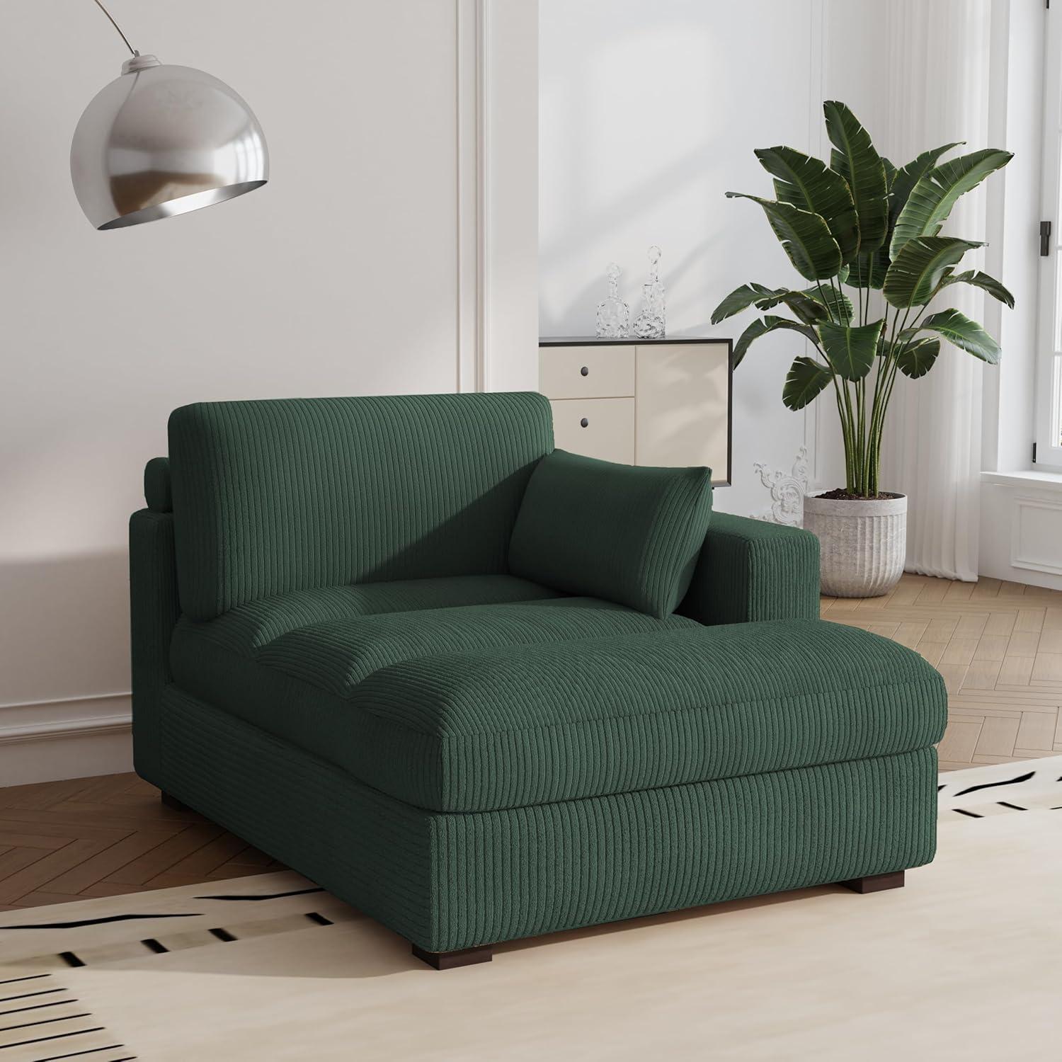 Hunter Green Corduroy Chaise Lounge with Solid Wood Frame