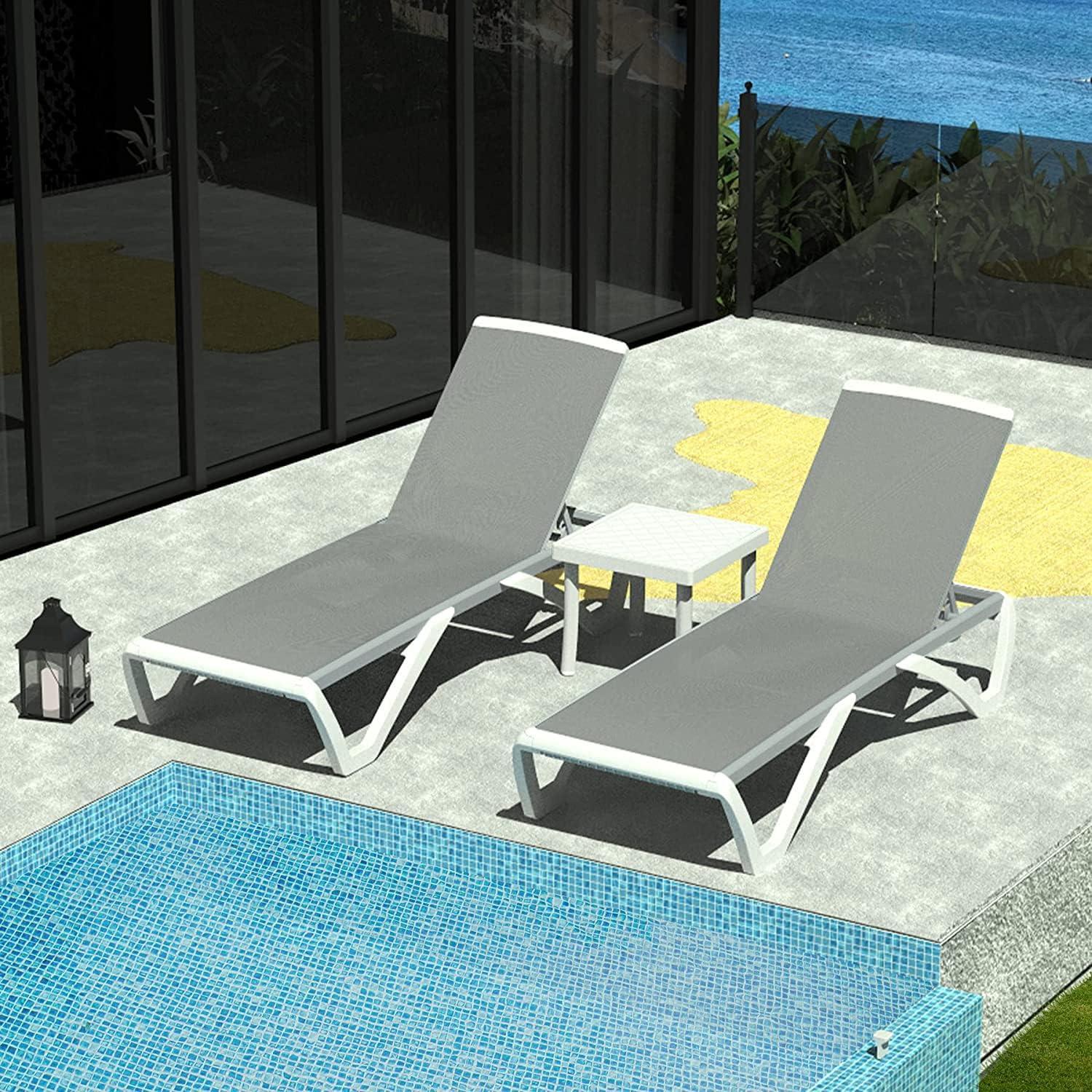 Grey Aluminum and PVC-Coated Polyester Outdoor Chaise Lounge Set with Side Table