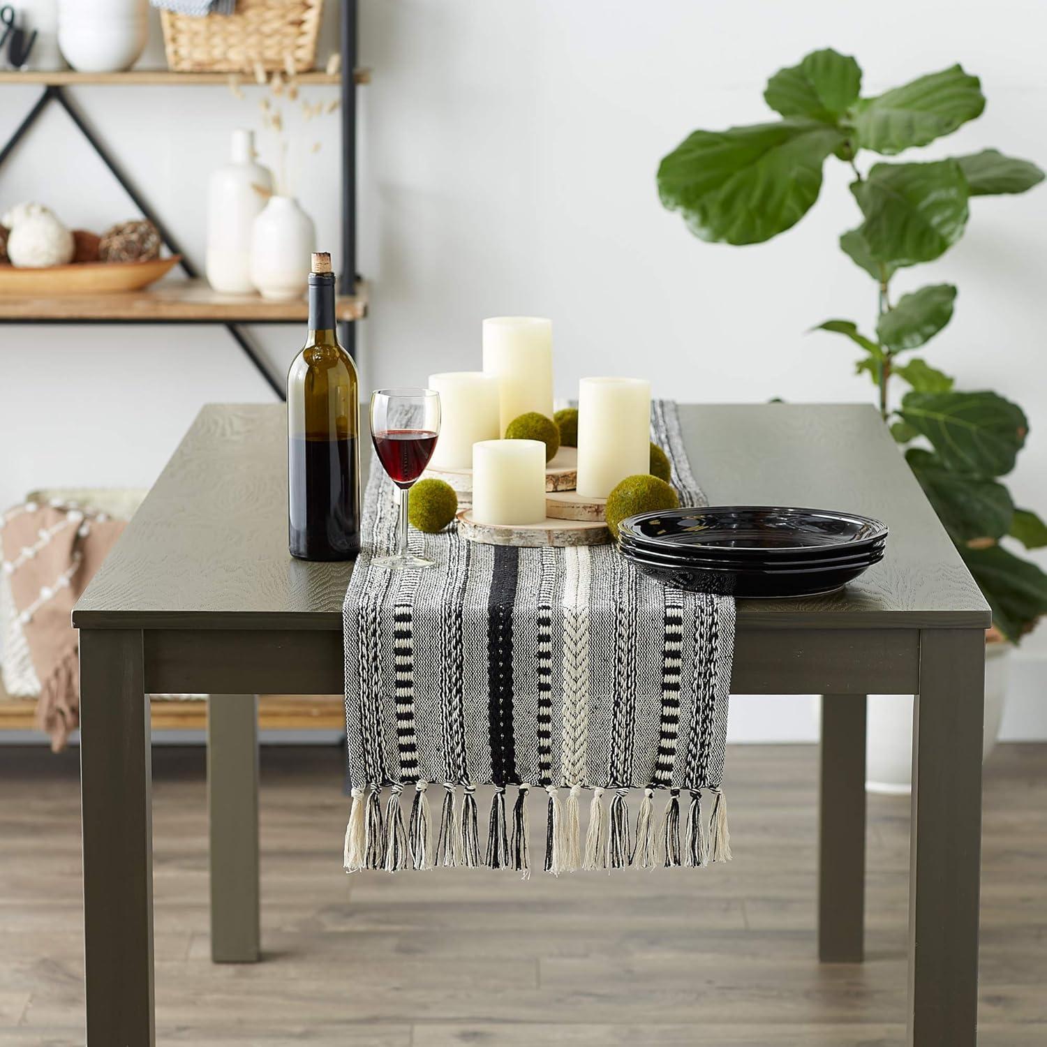 Black and White Cotton Braided Stripe Table Runner with Fringe