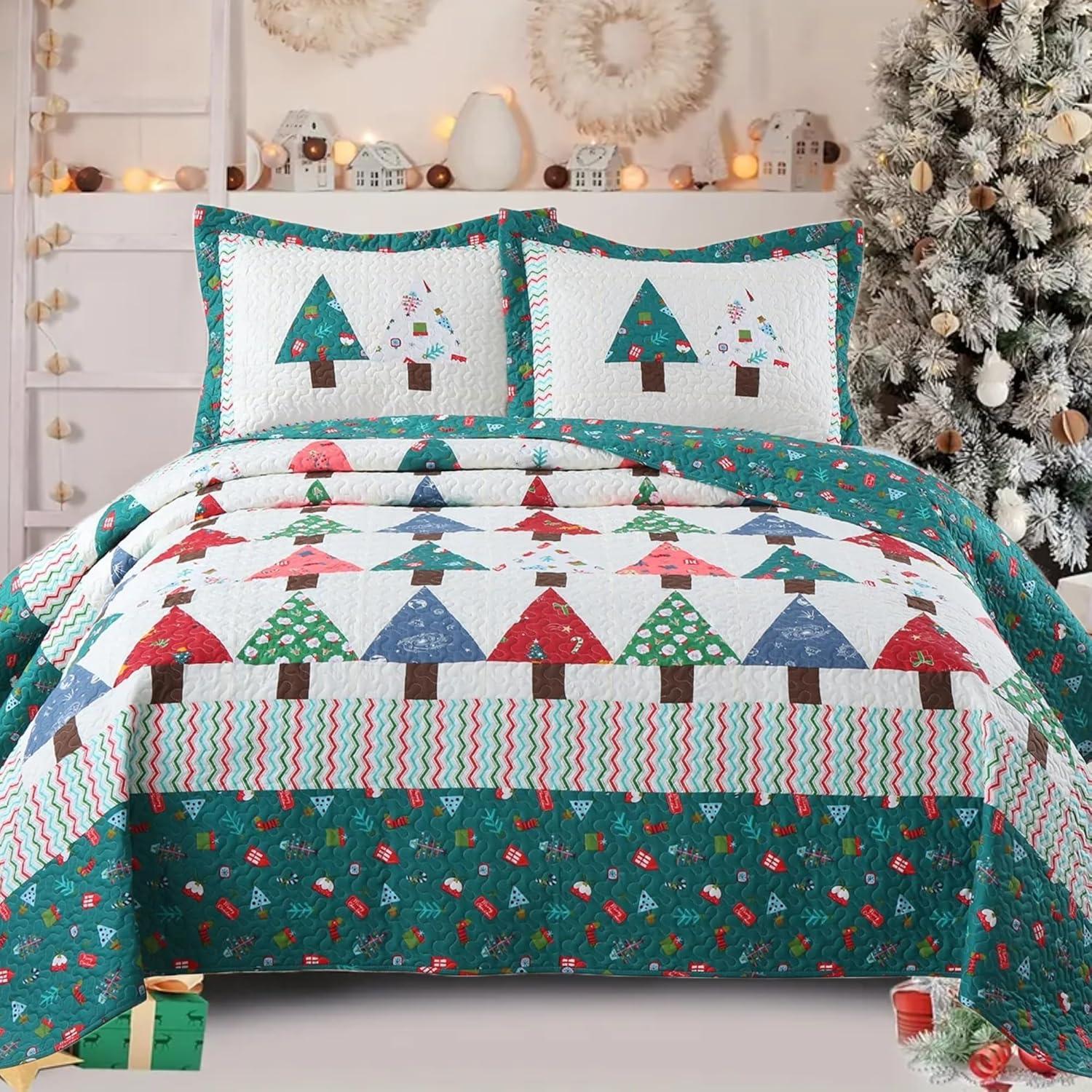 Blue Christmas Patchwork Cotton Queen Quilt Set