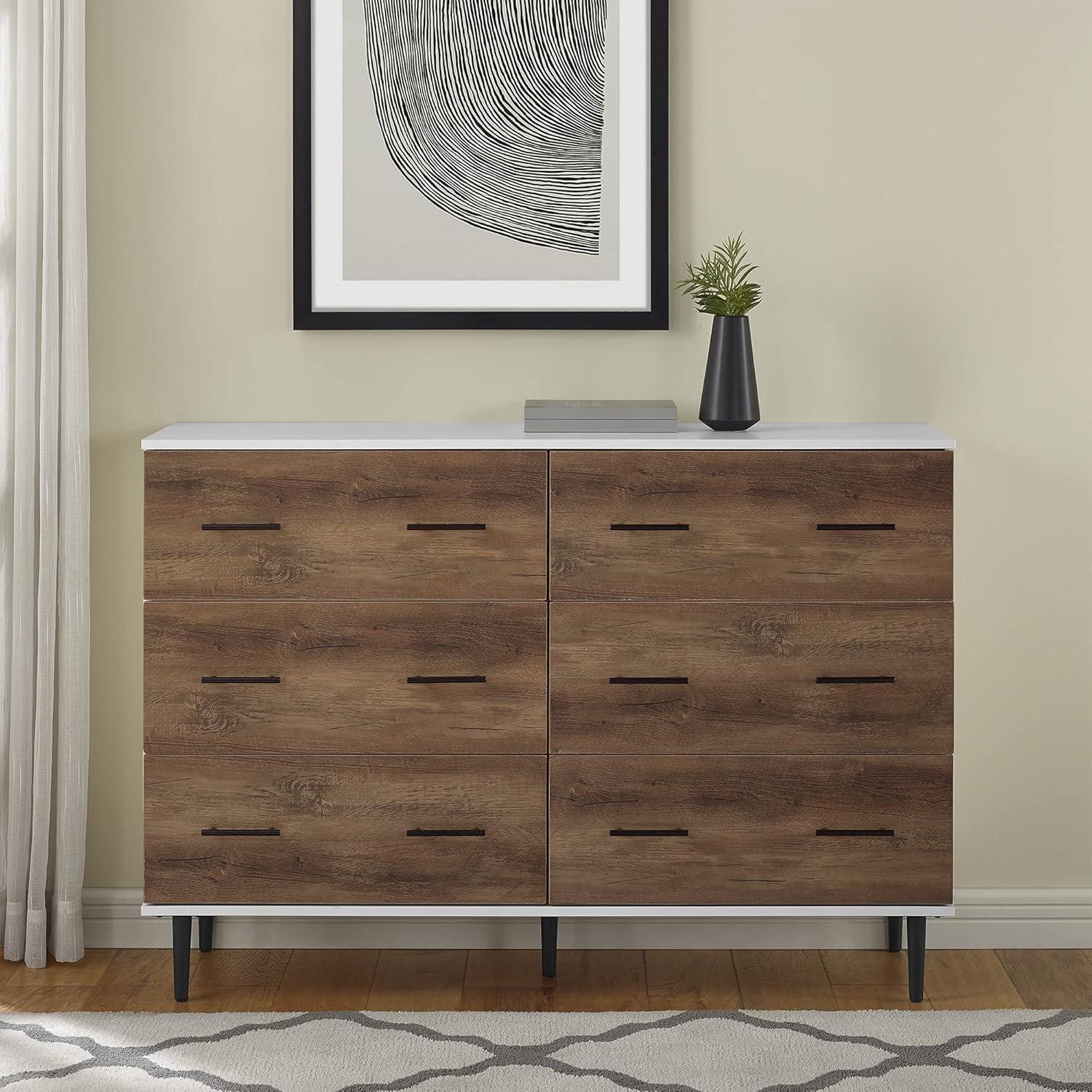 Walker Edison Mila Modern 6 Drawer Storage Buffet, 52 Inch, White and Rustic Oak