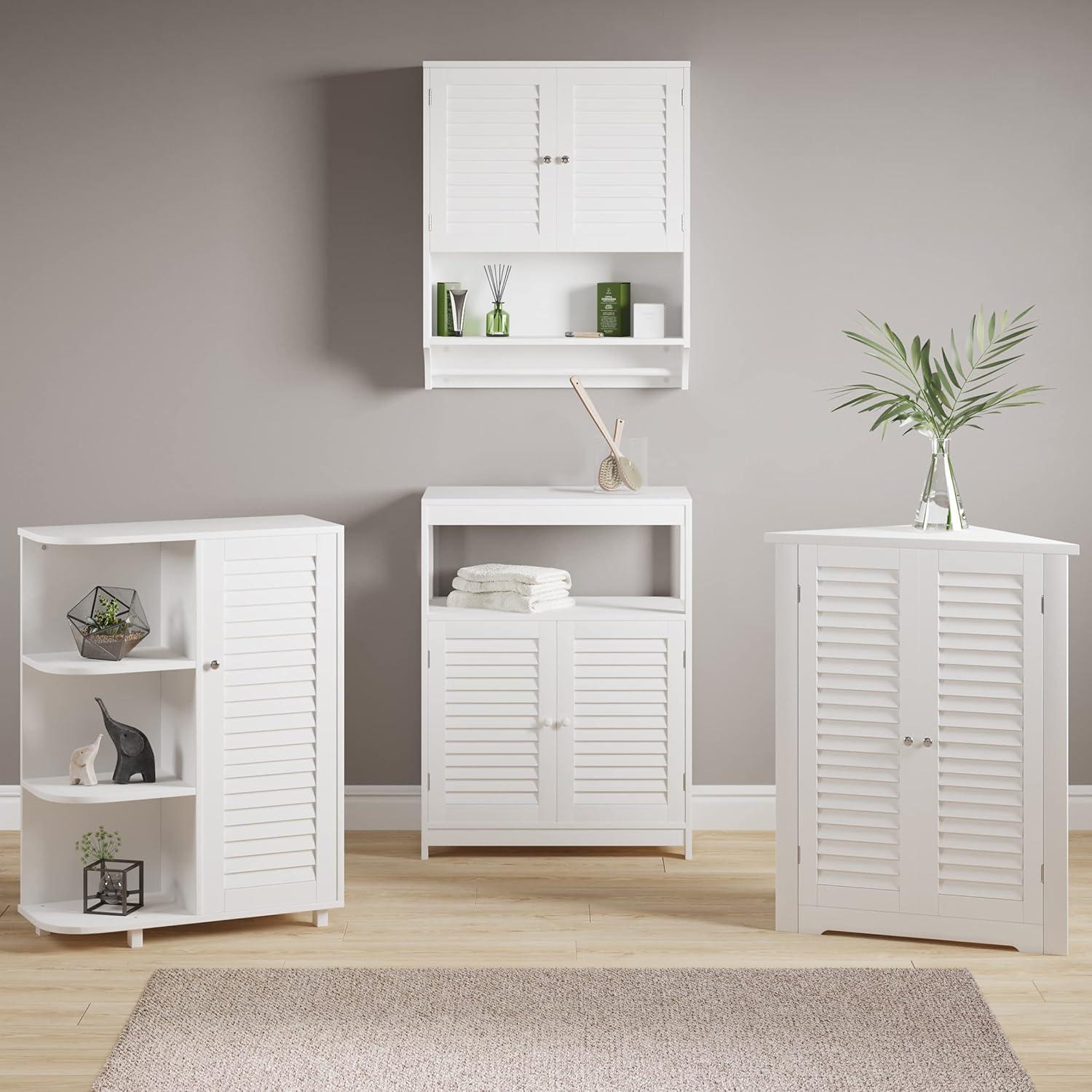 White Corner Cabinet with Adjustable Shelves and Shutter Doors