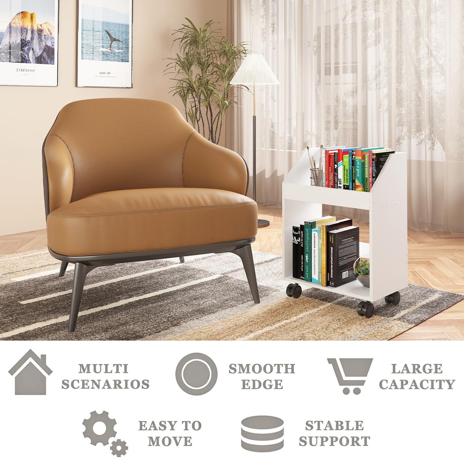 2-Tier Mobile Bookshelf, White Bookcase with Wheels, Rolling File Holder Desk File Book Organizer for Home Office Living Room School