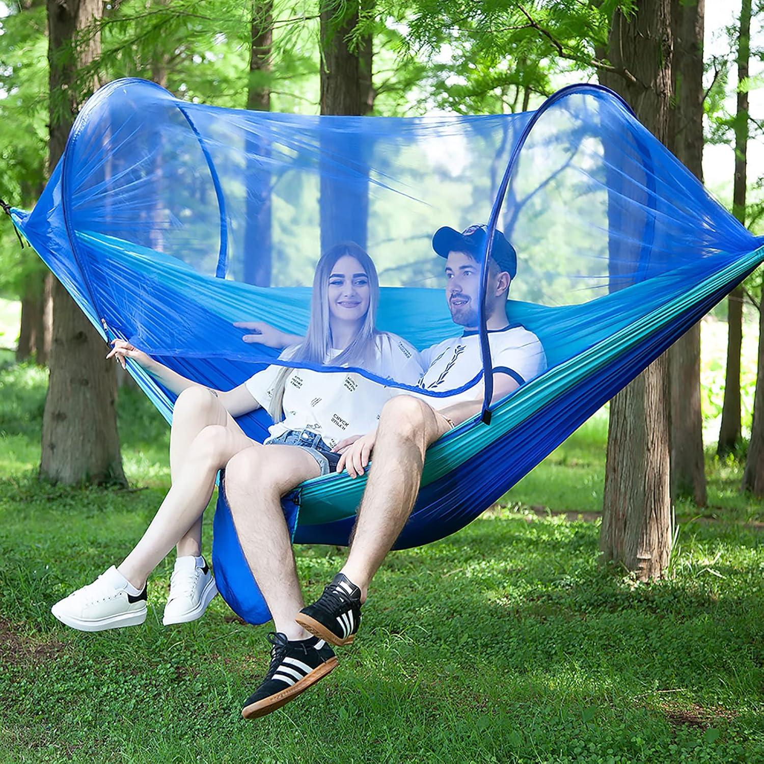 LFL Camping Hammock with Mosquito Net, Hammocks with 13ft Tree Straps Carabiners, Automatic Quick Open Outdoor Portable Hammock, Nylon Parachute Material Outside Hammock with net, Blue