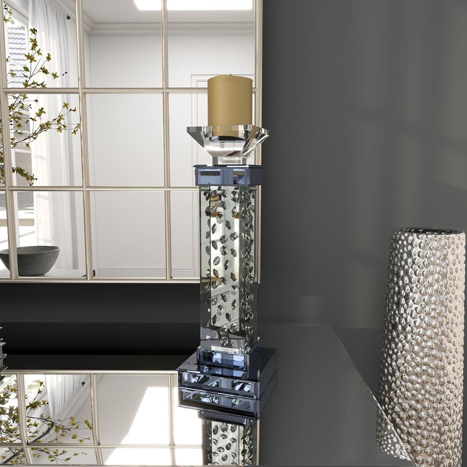 DecMode Silver Glass Pillar Candle Holder with Floating Crystals