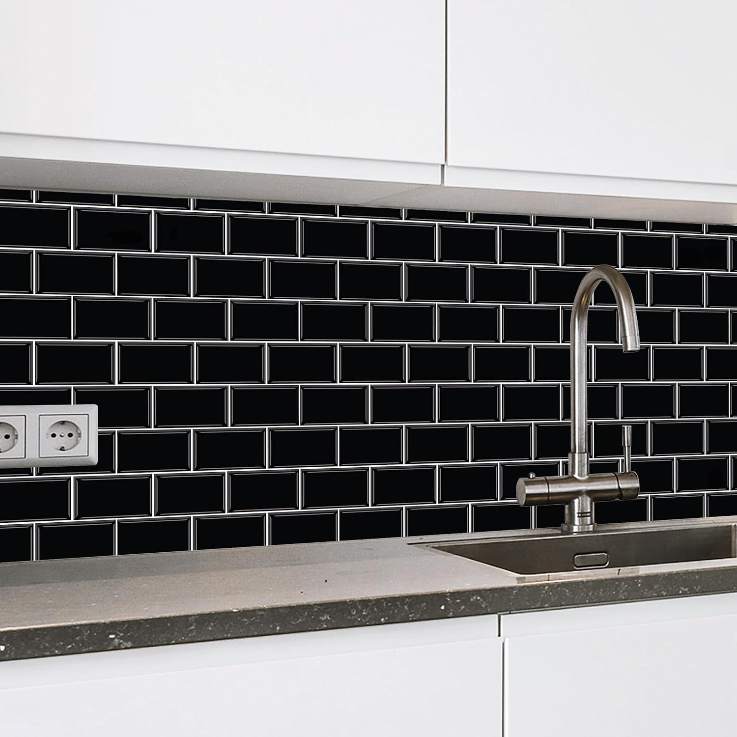 Black Glossy Peel and Stick Subway Tile Stickers