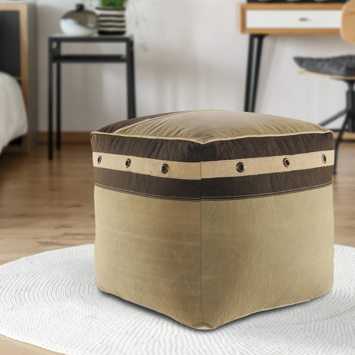 Rustic Farmhouse Striped Border Pouf in Gray/Brown, 20" Cube