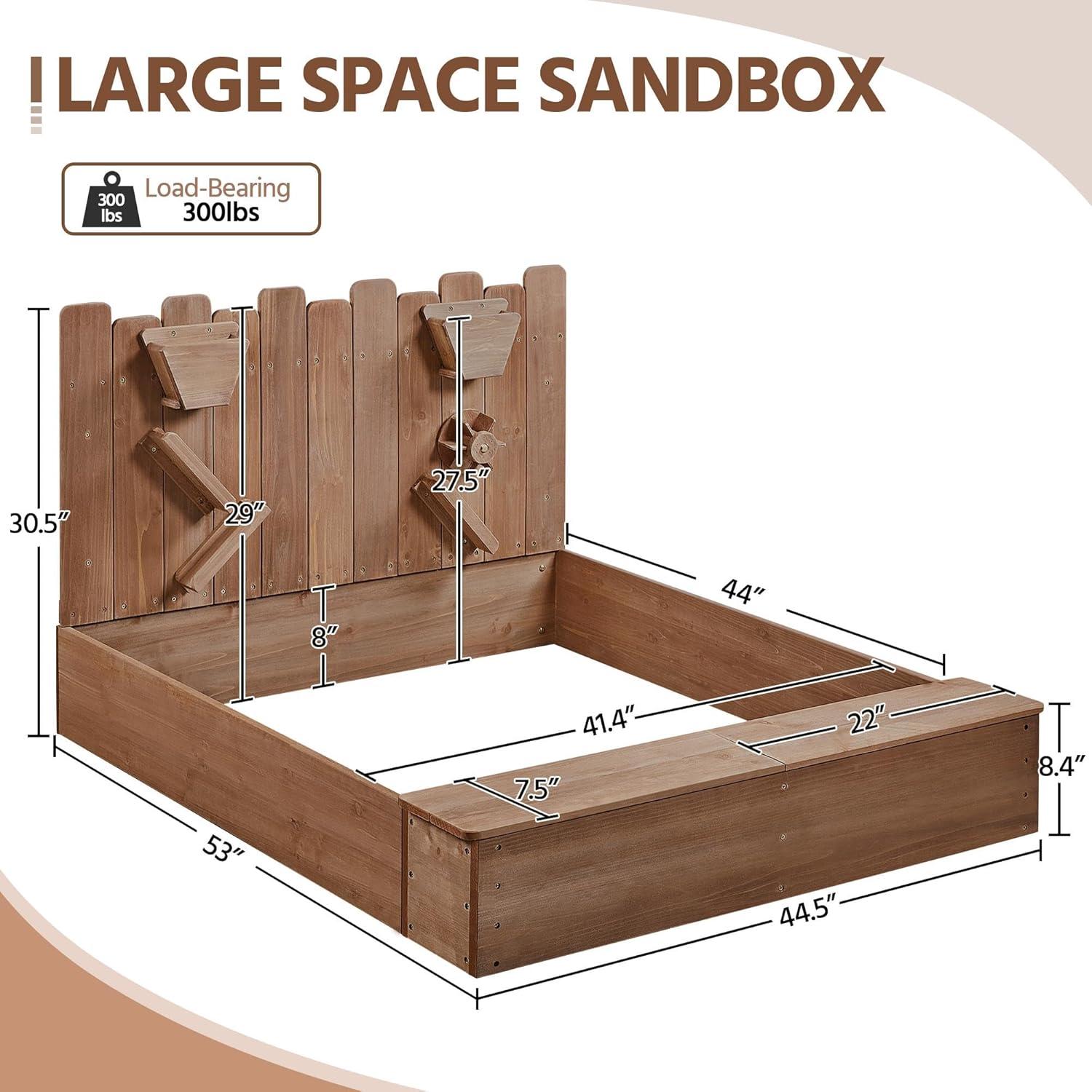 Fir Wood Sandbox with Spinning Wheel and Storage Bench