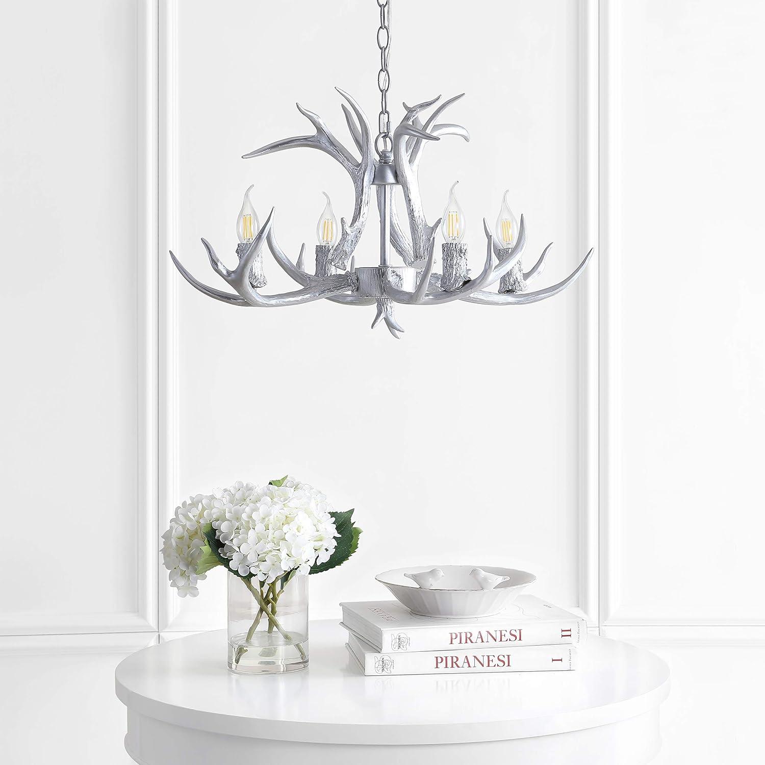 JONATHAN Y JYL6301C Eldora 26" Adjustable Resin Antler 4-Light LED Chandelier, Farmhouse, Glam, Transitional, Rustic, Cottage for living room, dinning room, bedroom, office Bulb Included, Silver