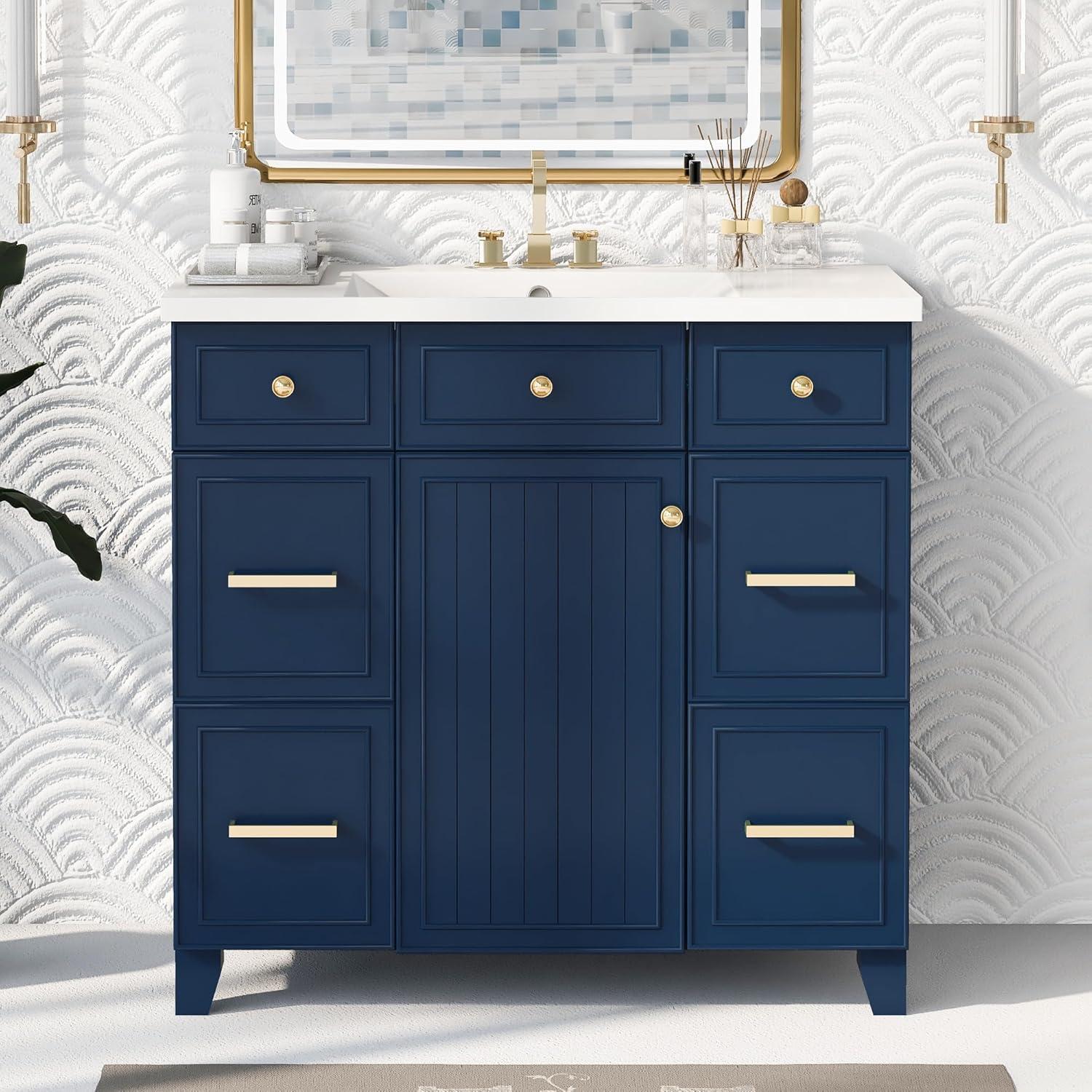 Miekor Furniture 36" Bathroom Vanity Cabinet with Sink Top Combo Set, Navy Blue, Single Sink, Shaker Cabinet with Soft Closing Door and Drawer W5UE-1