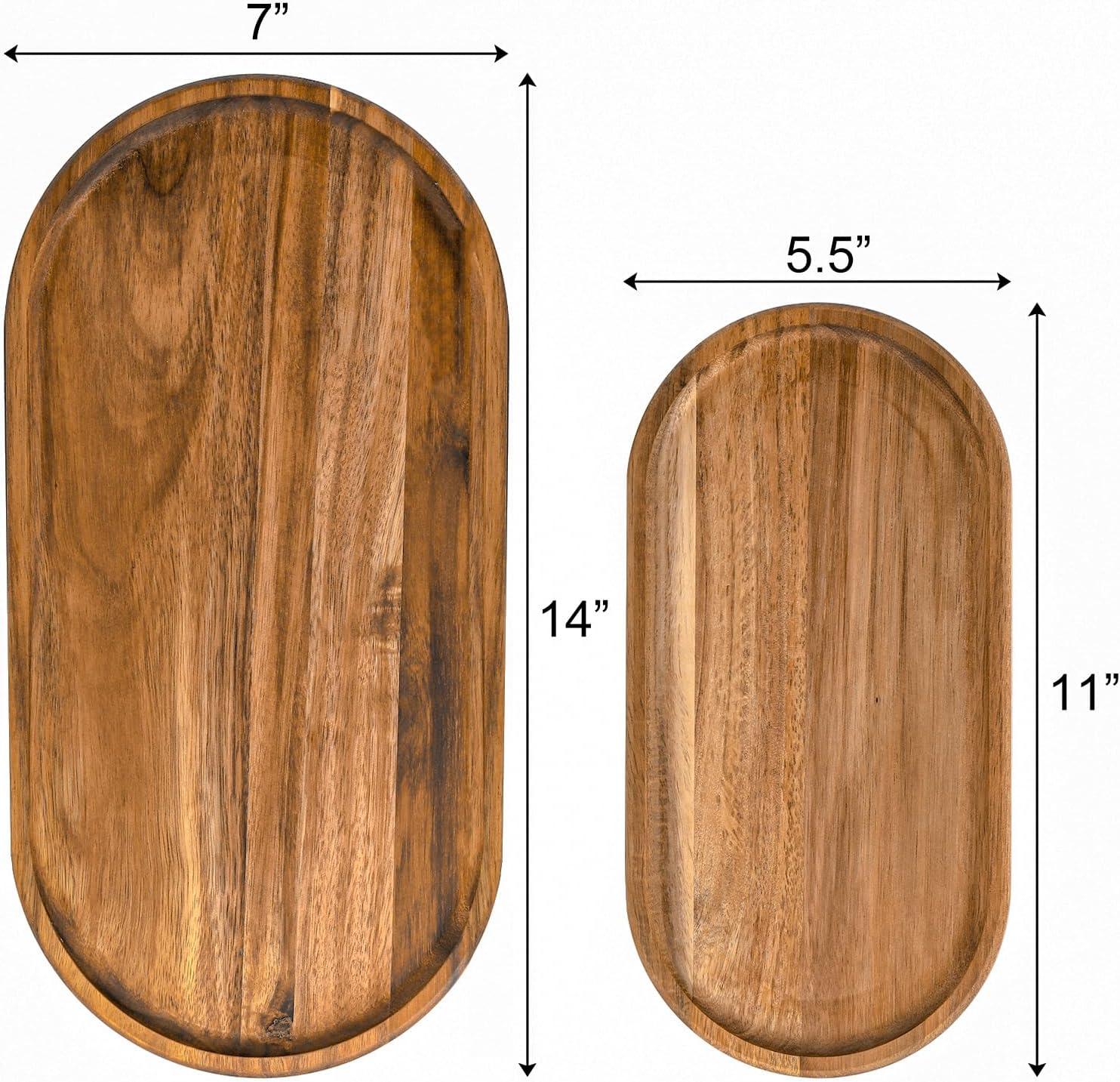 SPEShh Acacia Wooden Serving Trays Set of 2 - Rectangular Oval Shaped Wood Plates for Charcuterie Cheese Bread Fruit Vegetable Dip Sushi - Rustic Serving Platter Shallow Dishes -14x7 & 11x5.5 In.