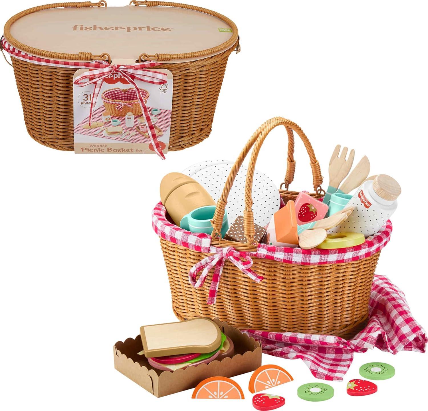 Fisher-Price Wooden Picnic Basket and Food Pretend Play Set for Preschool Kids, 31 Pieces