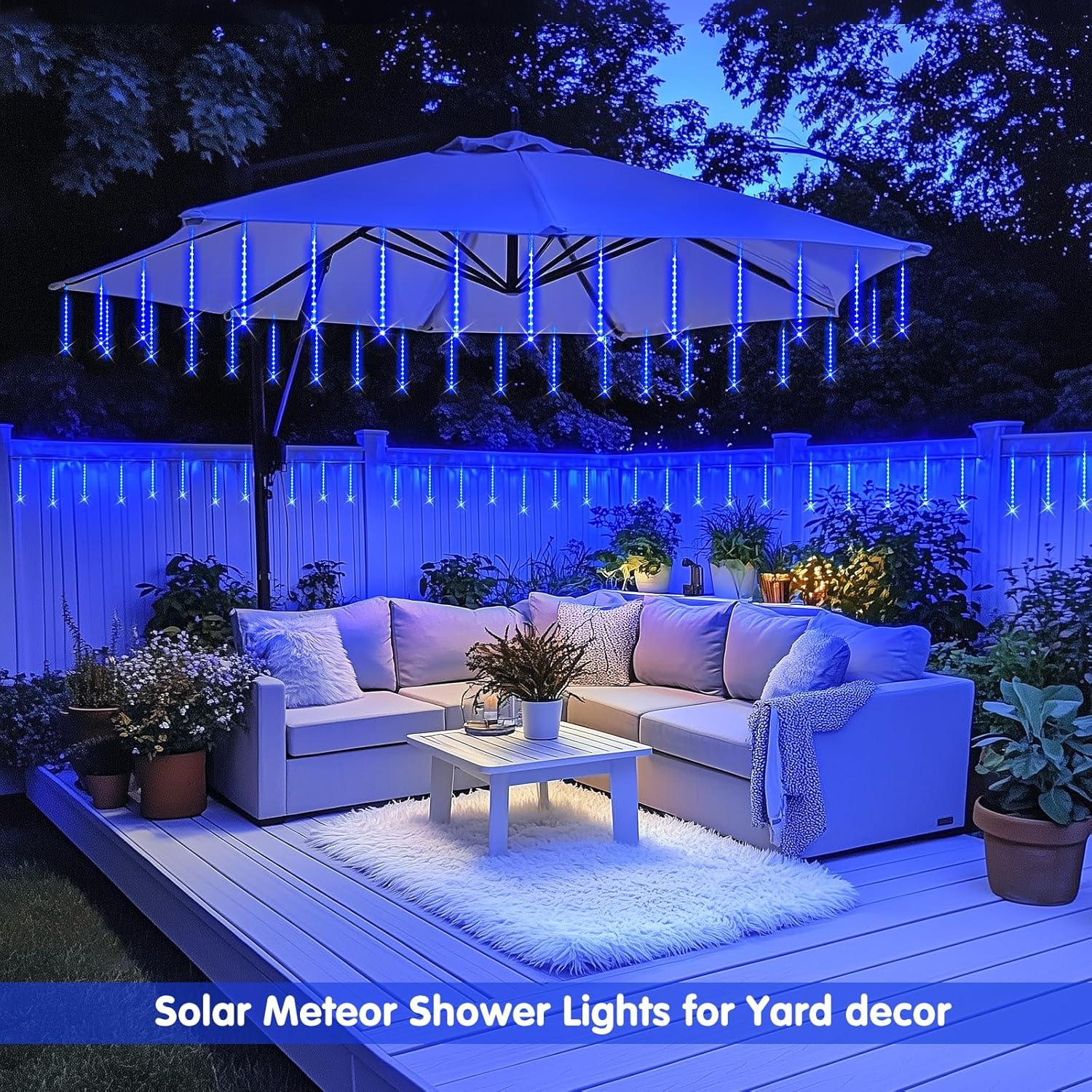 YZhouD 30cm 8-Tube 144 LED Warm White Solar Meteor Rain Lights - Falling Fairy String Lights for Xmas Tree, Wedding, Holiday Party Decor