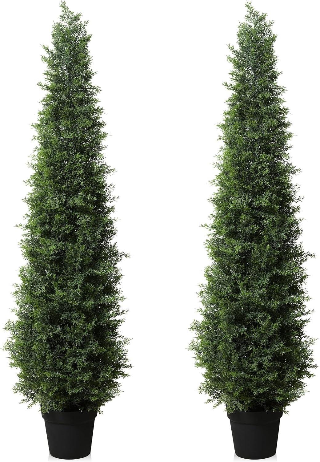 Artificial Cedar Tree 5FT Artificial Cedar Topiary Trees for Outdoors Potted Fake Cypress Trees Faux Evergreen Plants for Home Porch Decor Set of 2